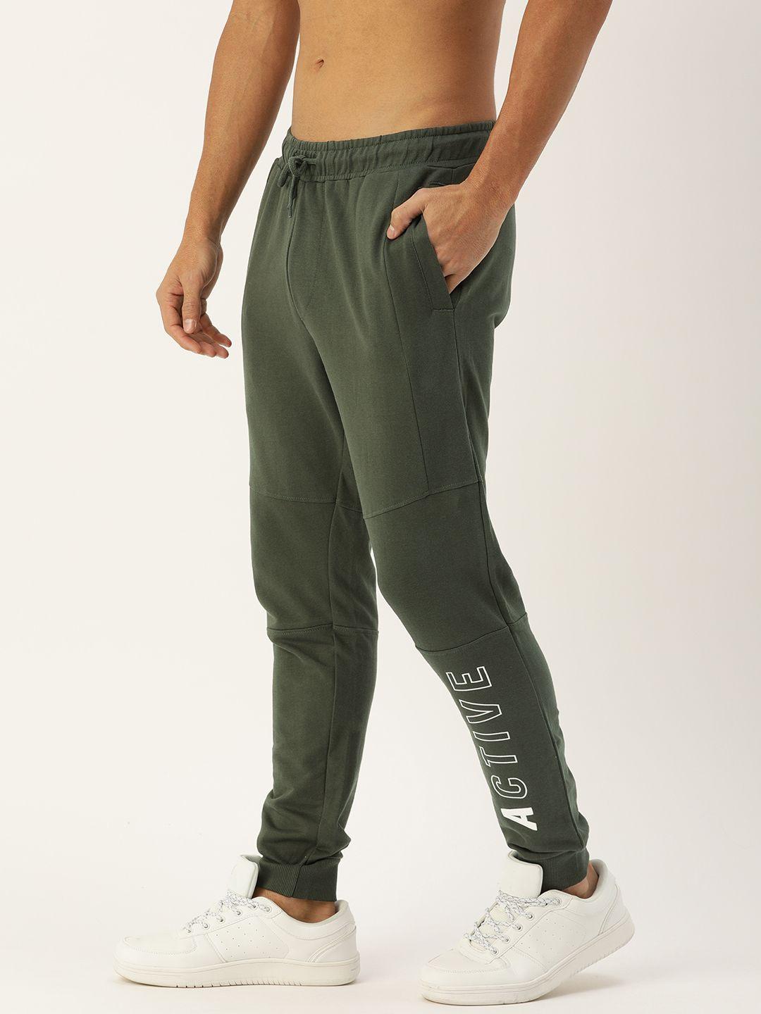 flying machine men olive green solid joggers with printed detail