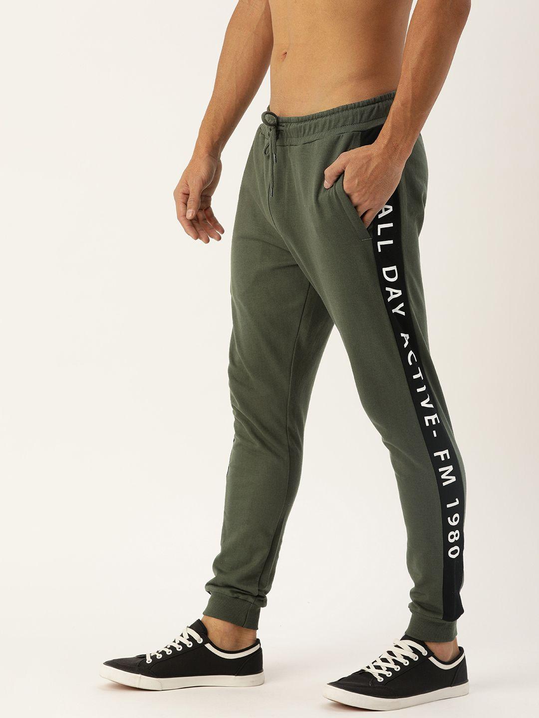 flying machine men olive green solid straight-fit joggers with side stripe