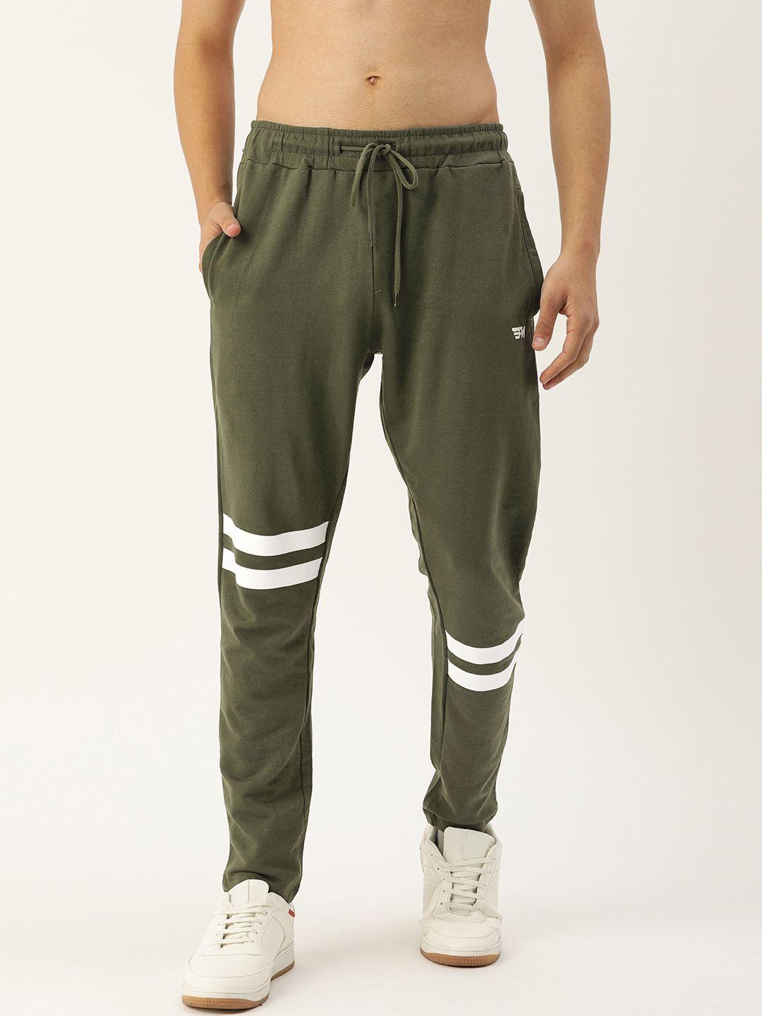 flying machine men olive green solid track pants with striped detail