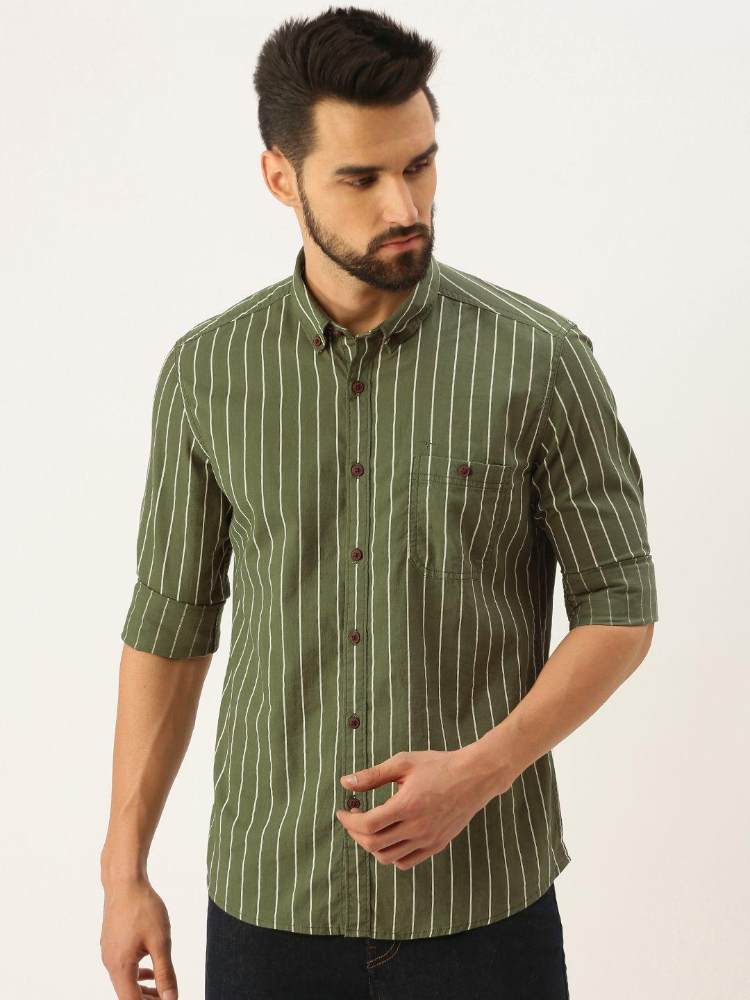 flying machine men olive green standard striped slim fit casual shirt