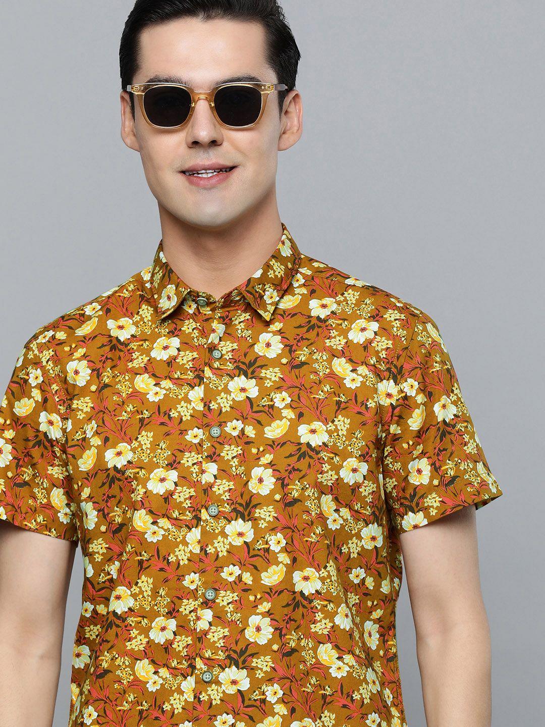 flying machine men orange & yellow standard slim fit floral pure cotton casual shirt