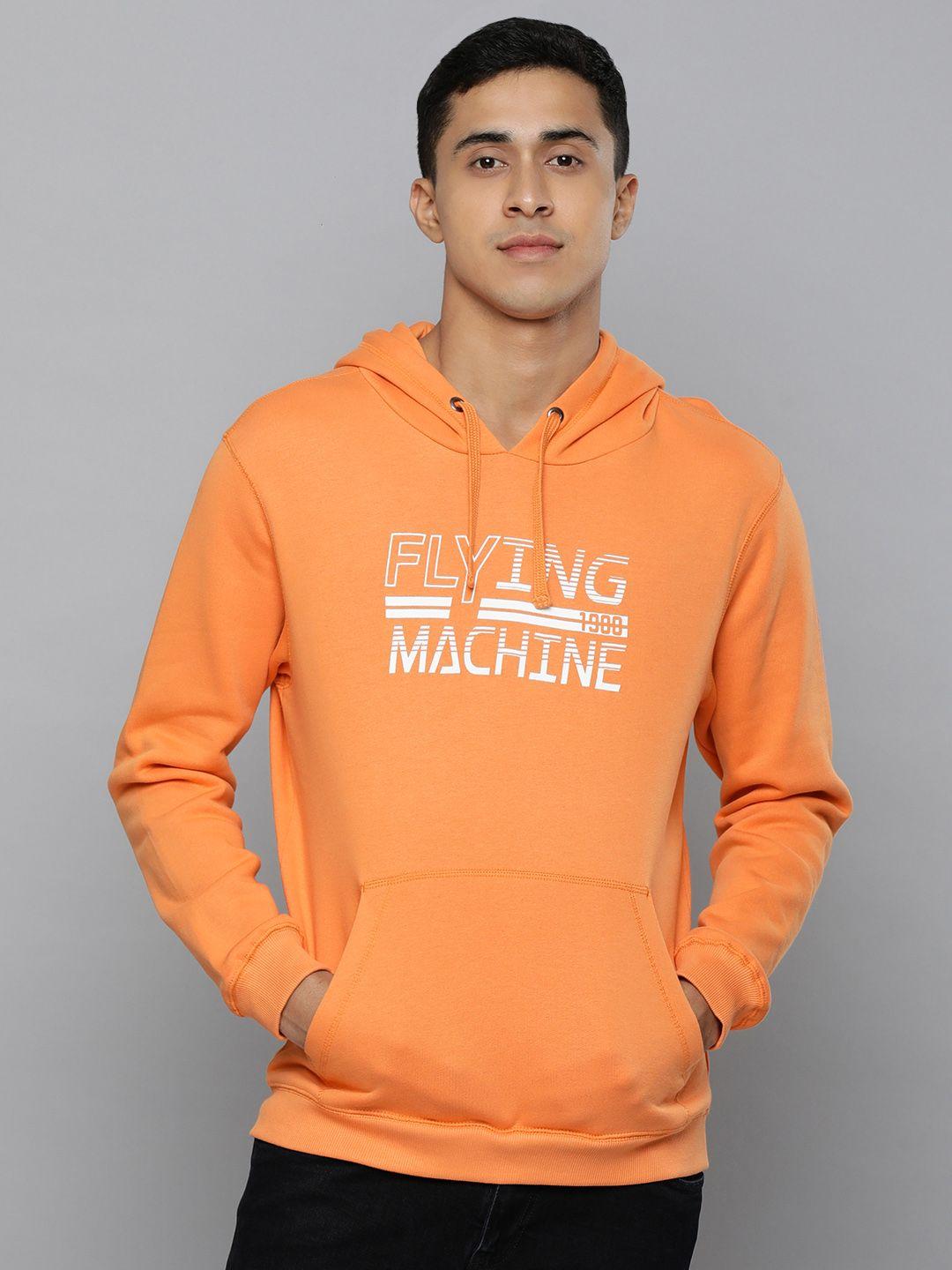 flying machine men orange printed pure cotton hooded sweatshirt