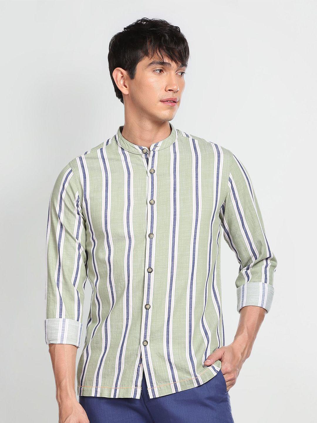 flying machine men pure cotton striped opaque striped twill casual shirt