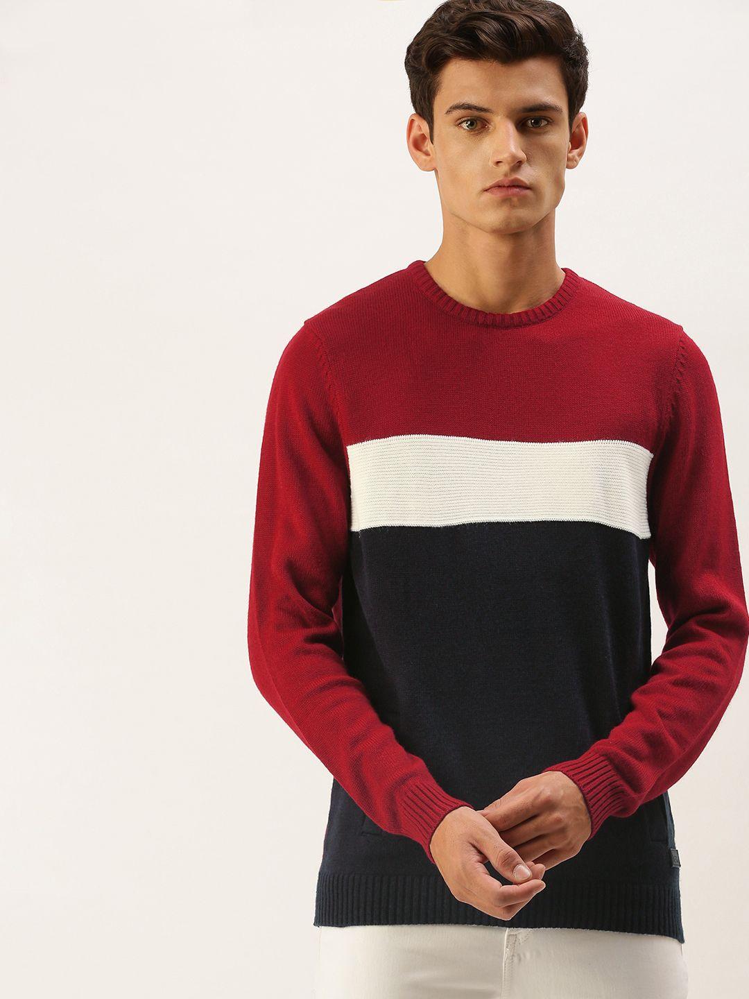 flying machine men red & navy blue colourblocked pullover sweater
