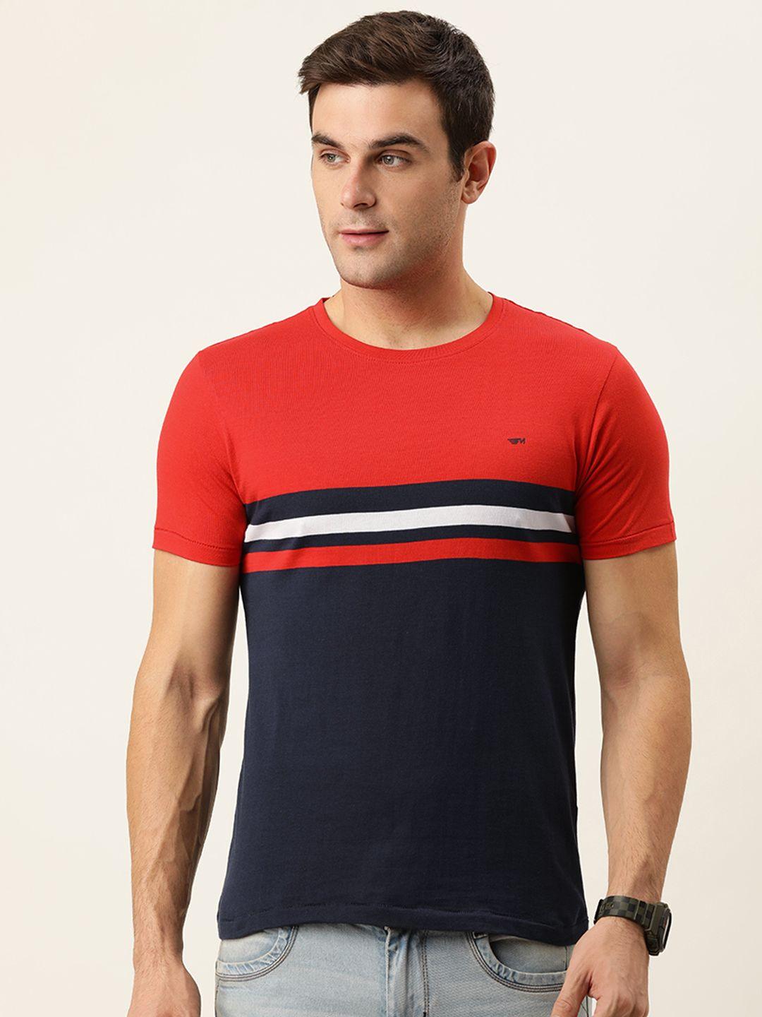 flying machine men red & navy blue colourblocked pure cotton slim fit t-shirt