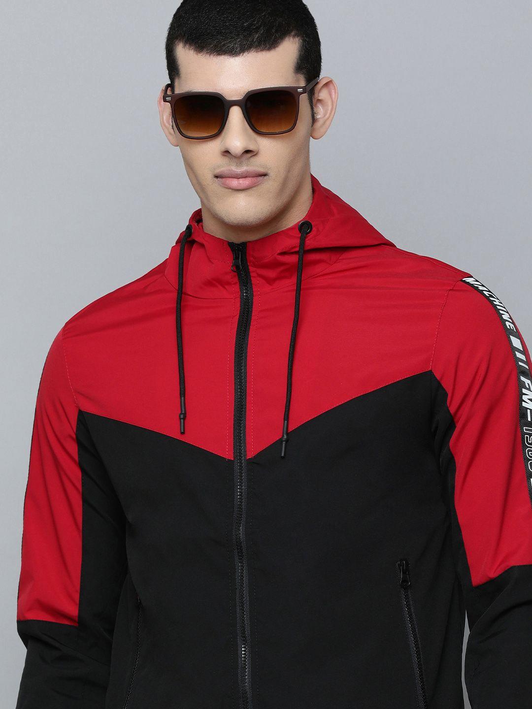 flying machine men red and black colourblocked hooded tailored jacket