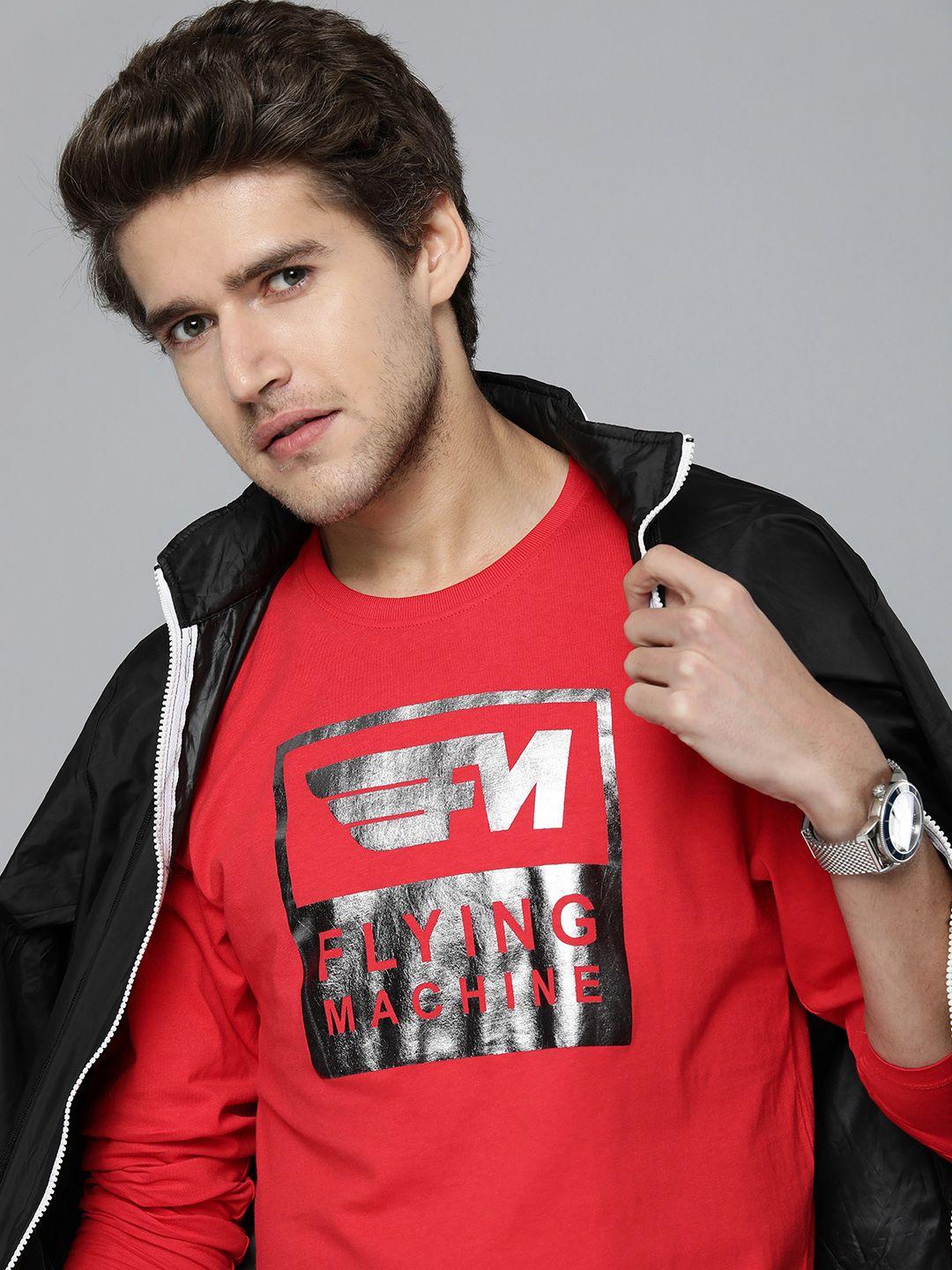 flying machine men red pure cotton brand logo printed t-shirt