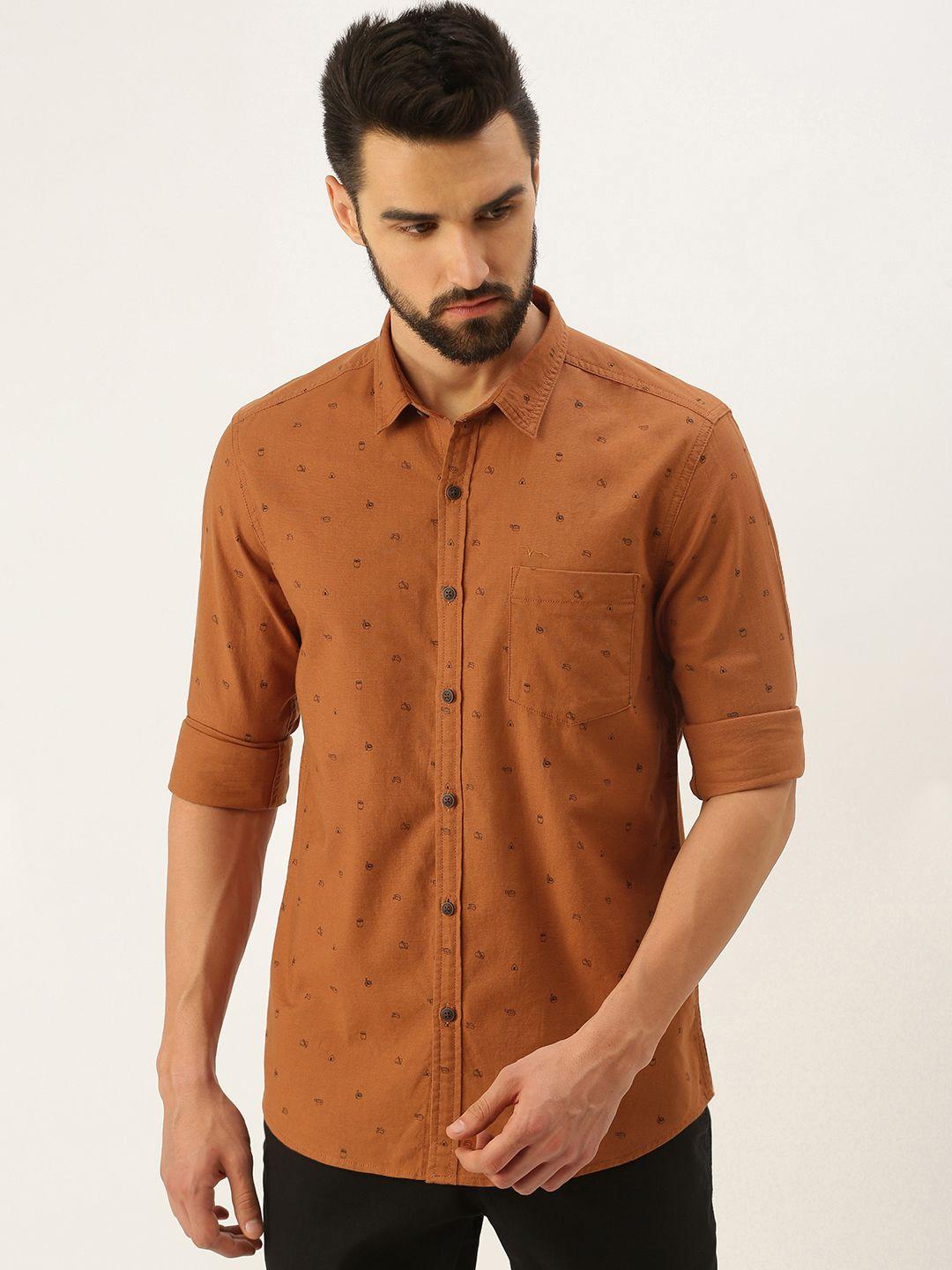 flying machine men rust orange standard slim fit printed pure cotton casual shirt