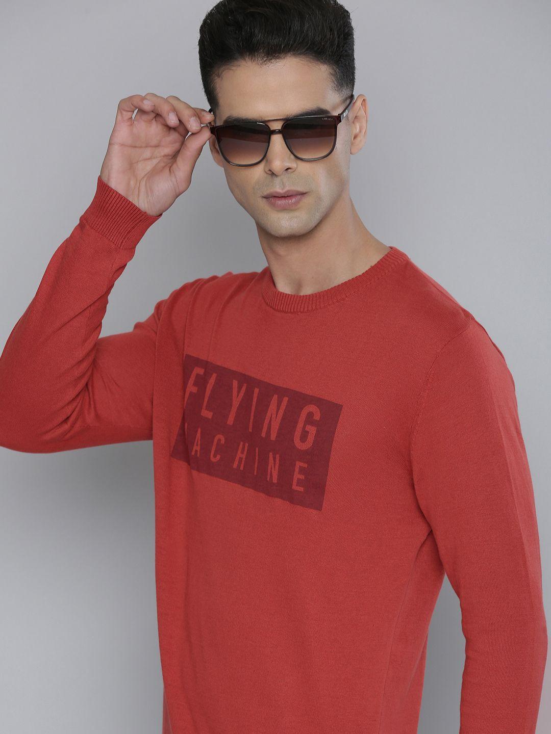 flying machine men rust red brand logo printed pure cotton pullover