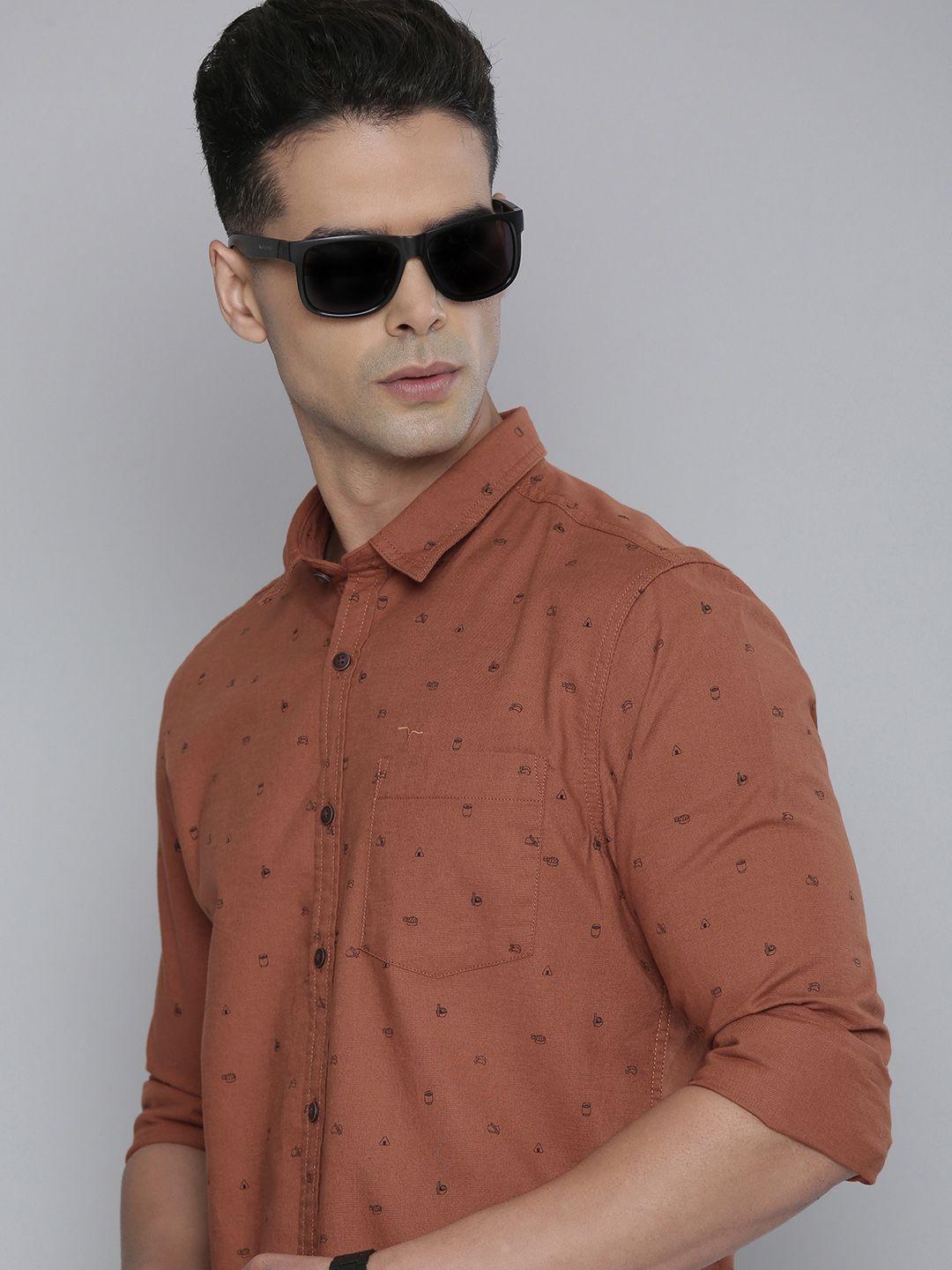 flying machine men rust standard slim fit printed casual shirt