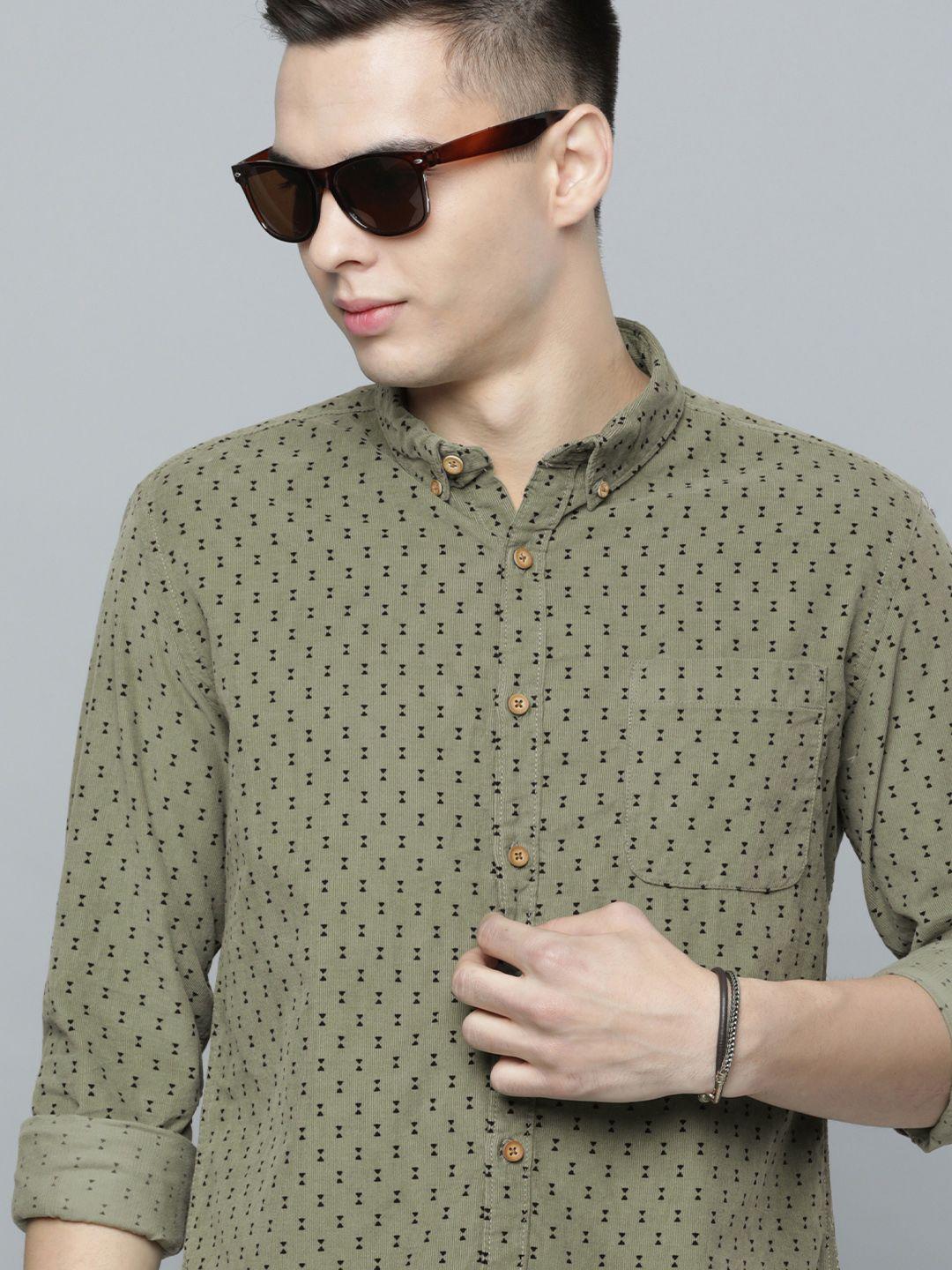 flying machine men slim fit printed pure cotton corduroy casual shirt