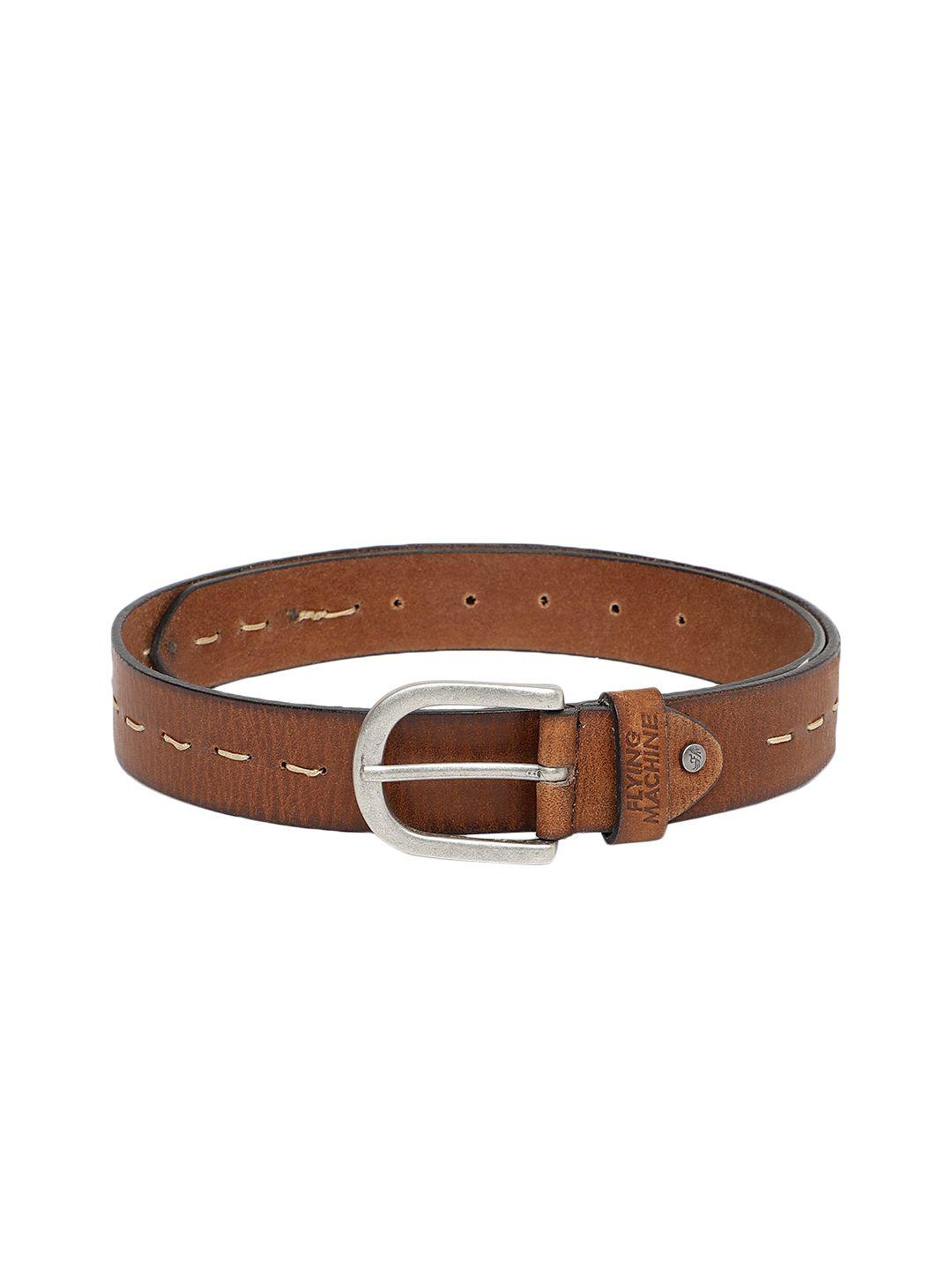 flying machine men tan brown solid leather belt