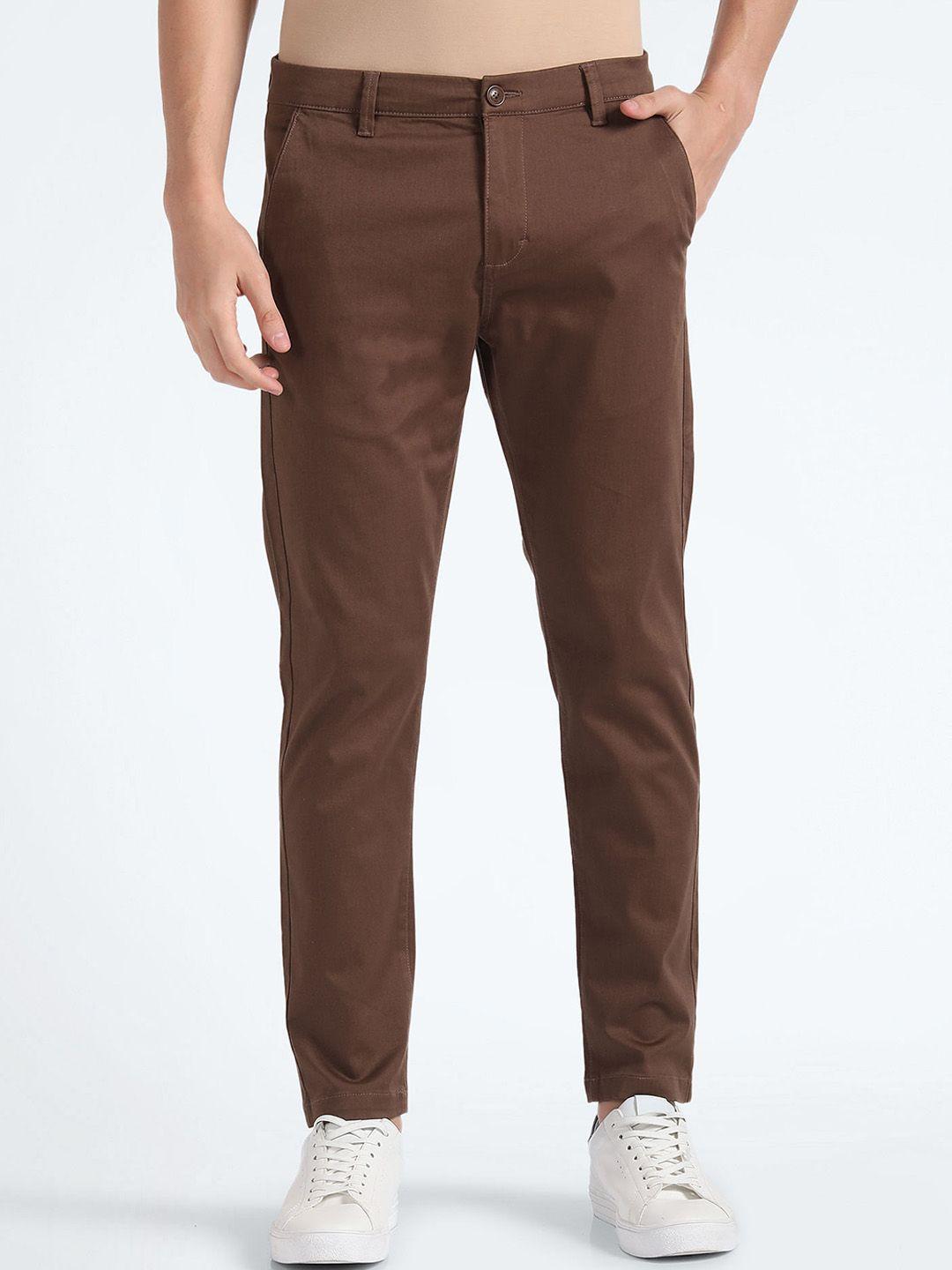 flying machine men tapered fit mid-rise flat-front plain cotton chinos trousers