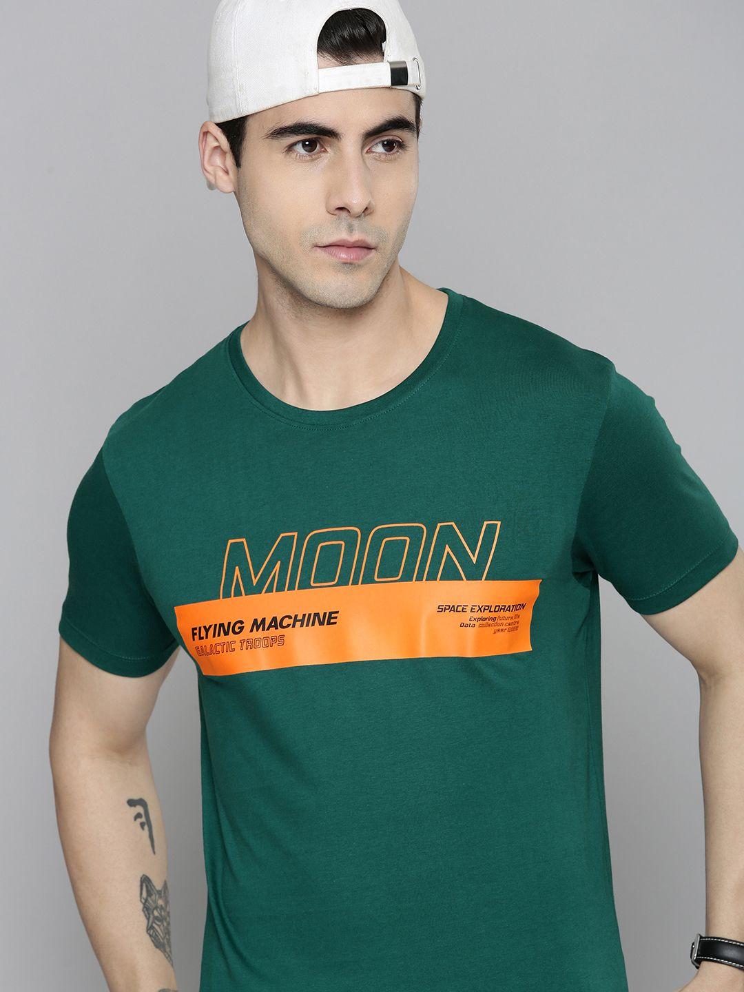 flying machine men teal blue & orange brand logo printed pure cotton slim fit t-shirt