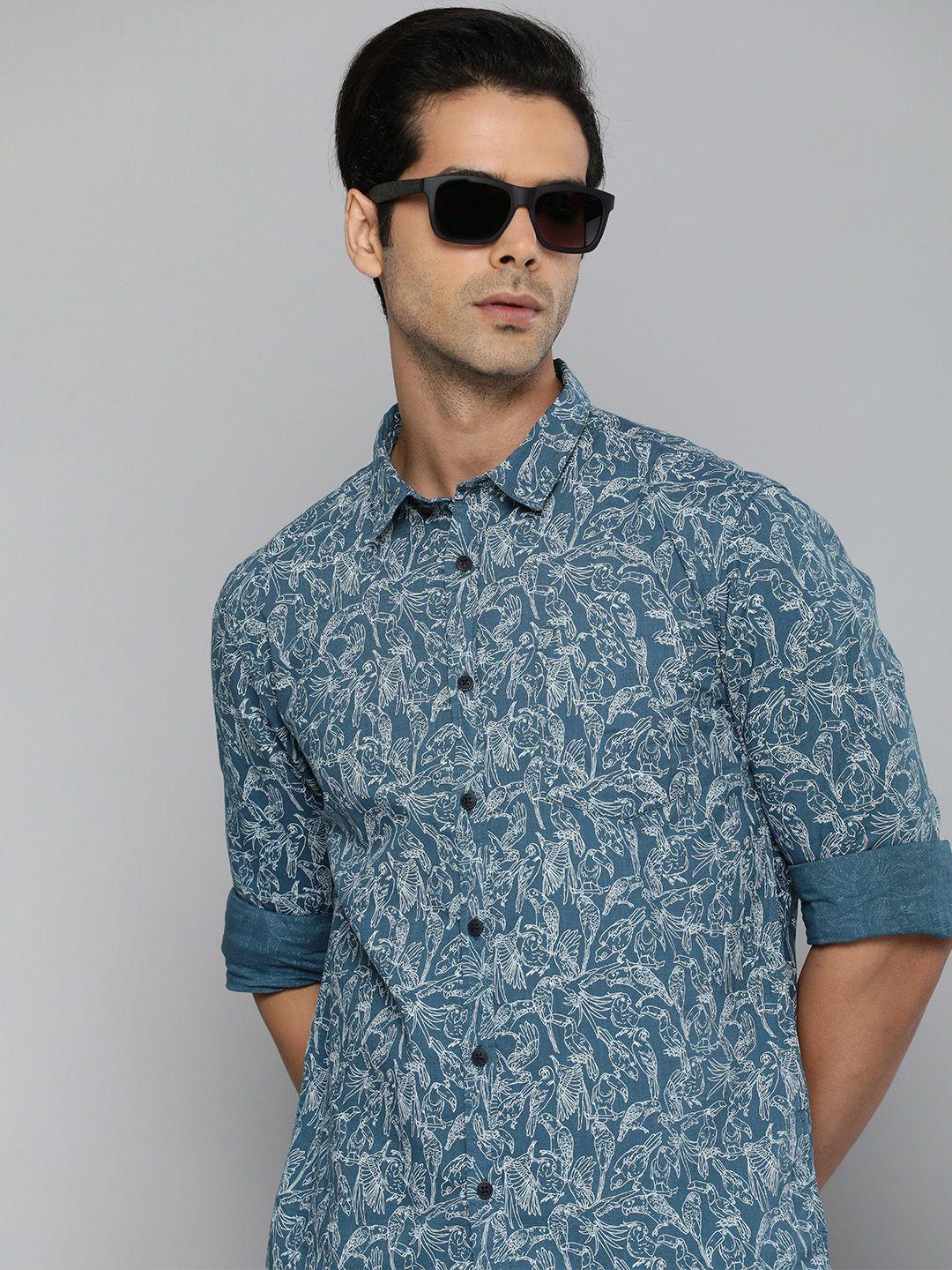 flying machine men teal blue & white slim fit floral printed pure cotton casual shirt