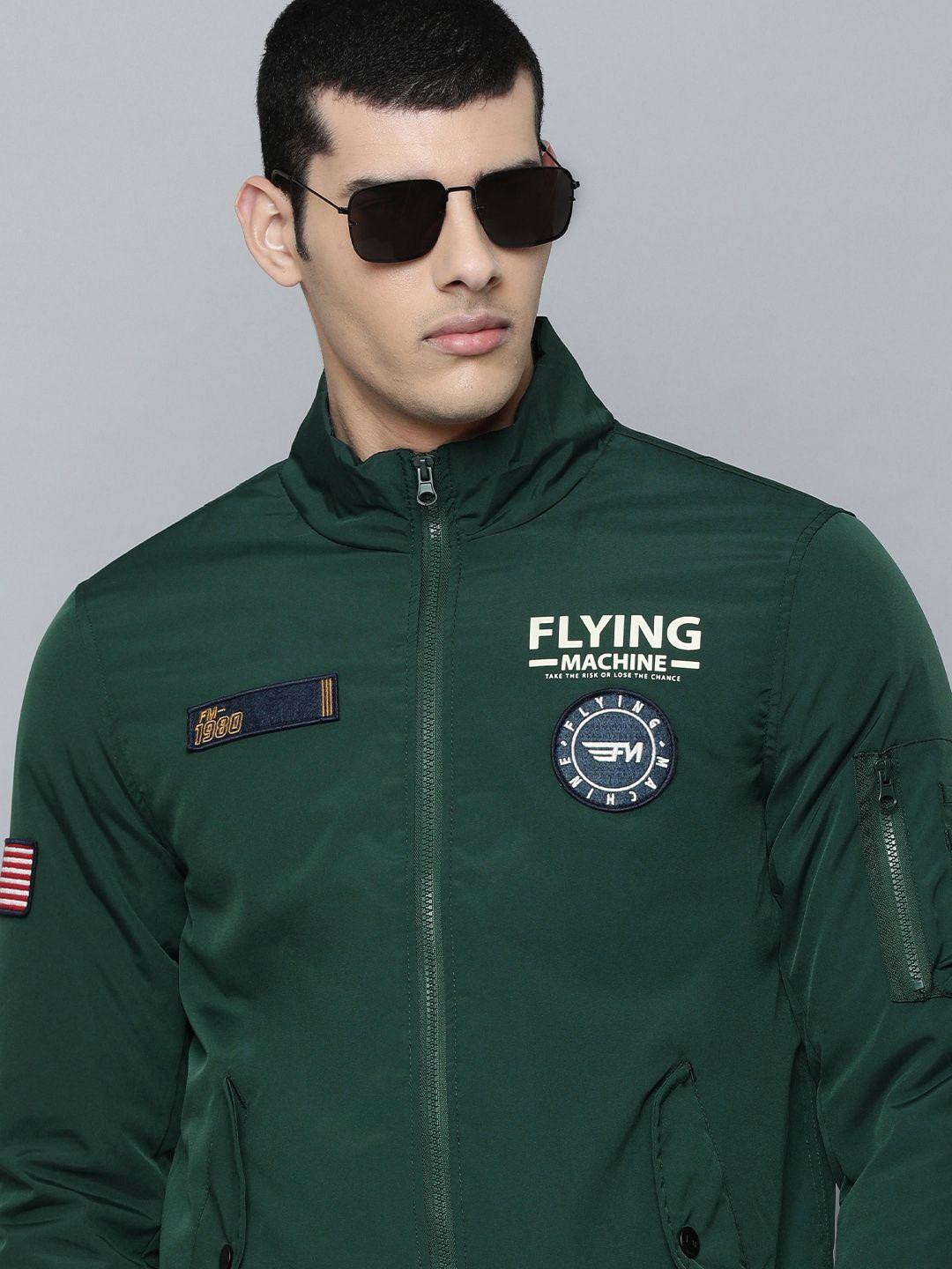 flying machine men teal green brand logo printed insulator bomber jacket with patchwork