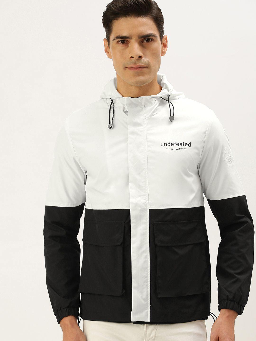 flying machine men white & black colourblocked hooded tailored jacket