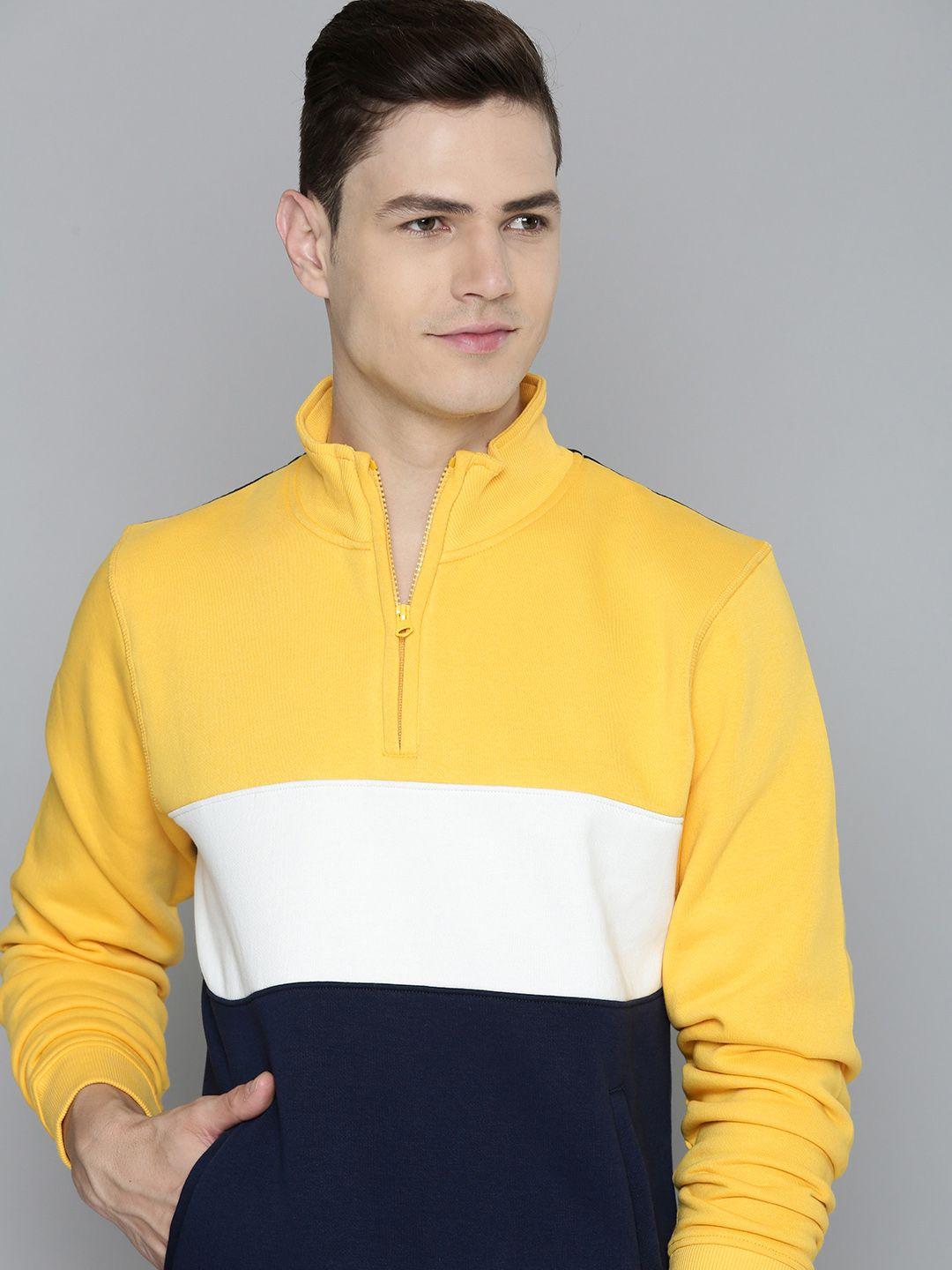 flying machine men yellow & navy blue colourblocked sweatshirt