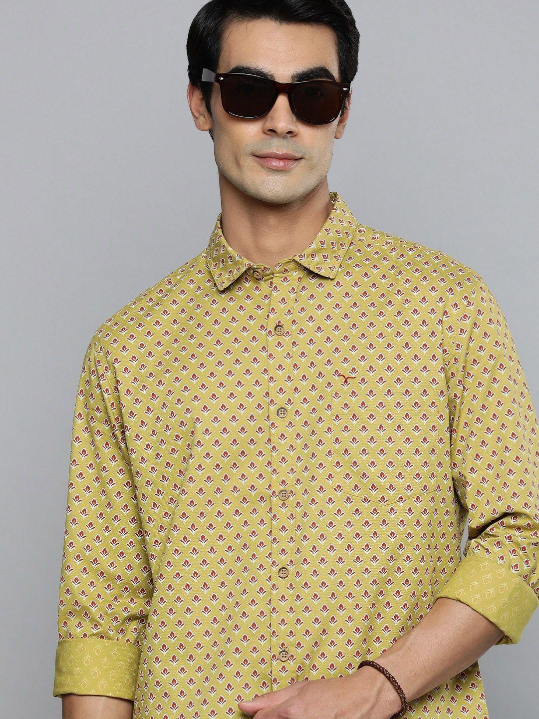 flying machine men yellow and red slim fit printed pure cotton casual shirt