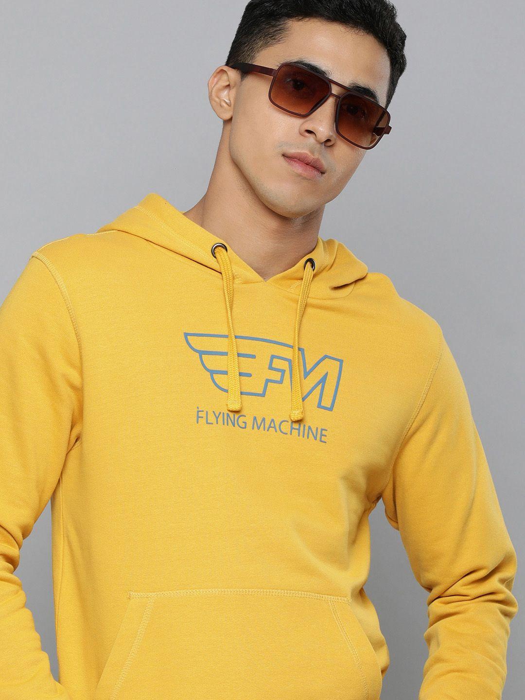 flying machine men yellow printed hooded pure cotton sweatshirt