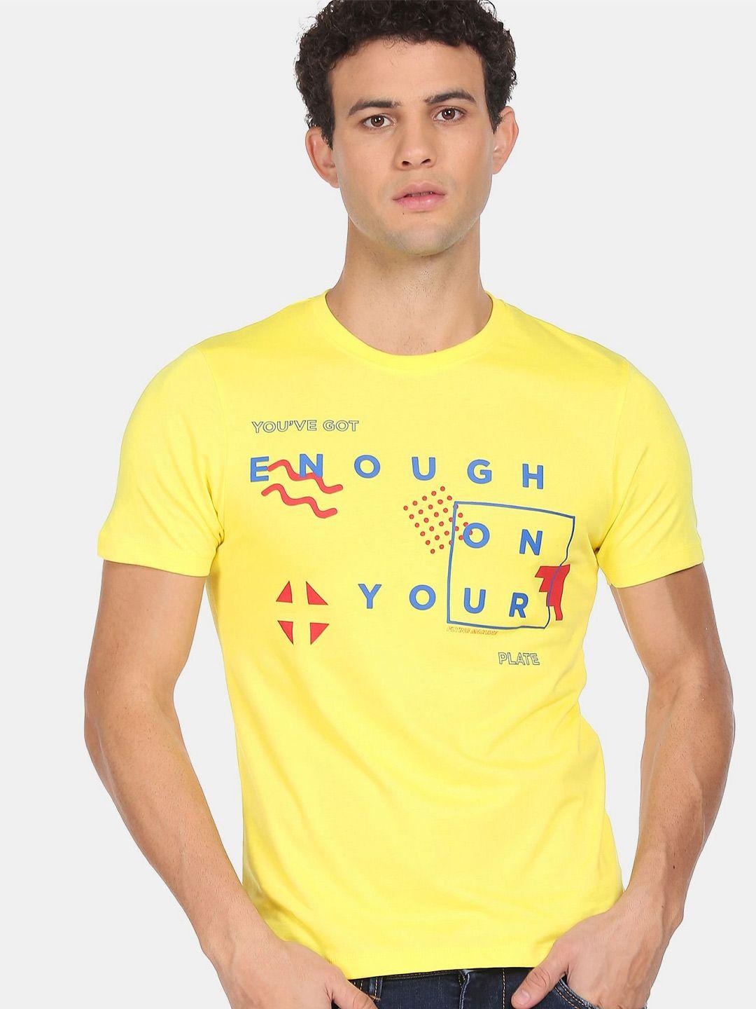 flying machine men yellow pure cotton typography printed raw edge t-shirt