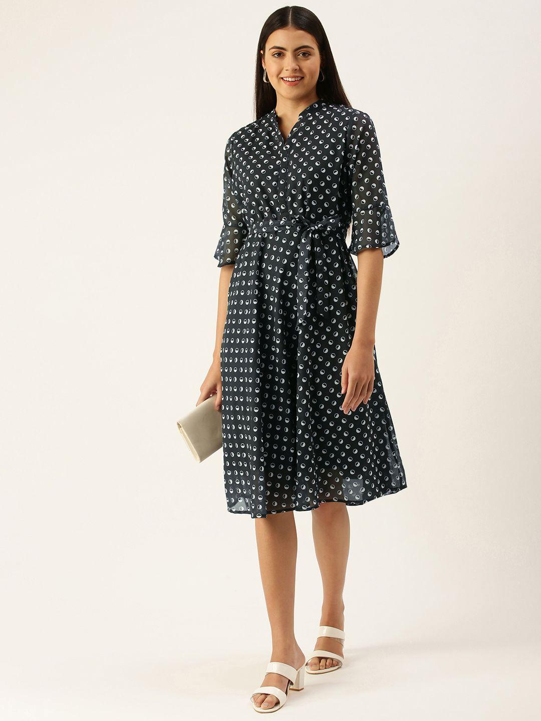 flying machine navy blue & white fit & flare dress