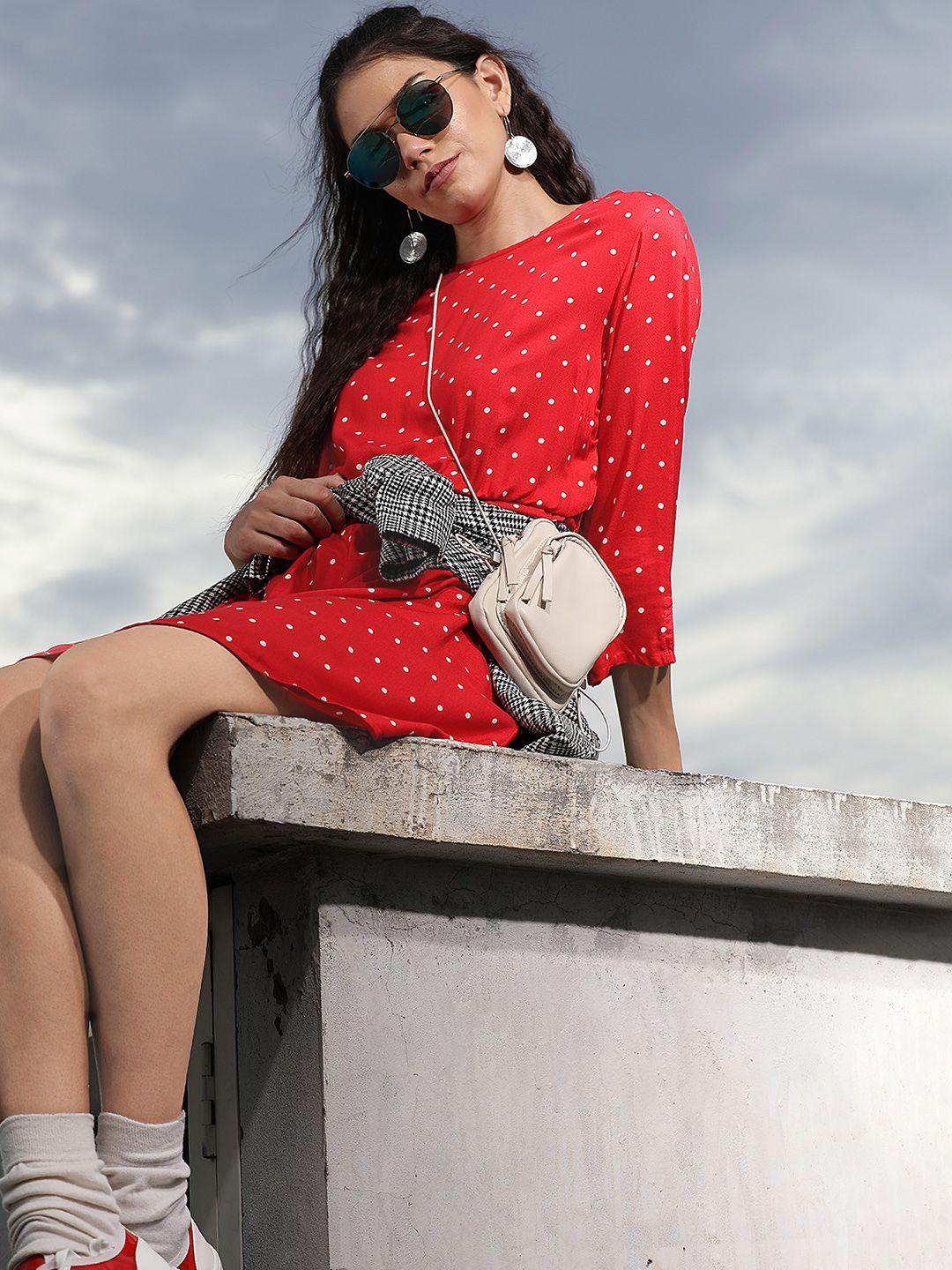 flying machine red & white polka dots print fit and flare dress
