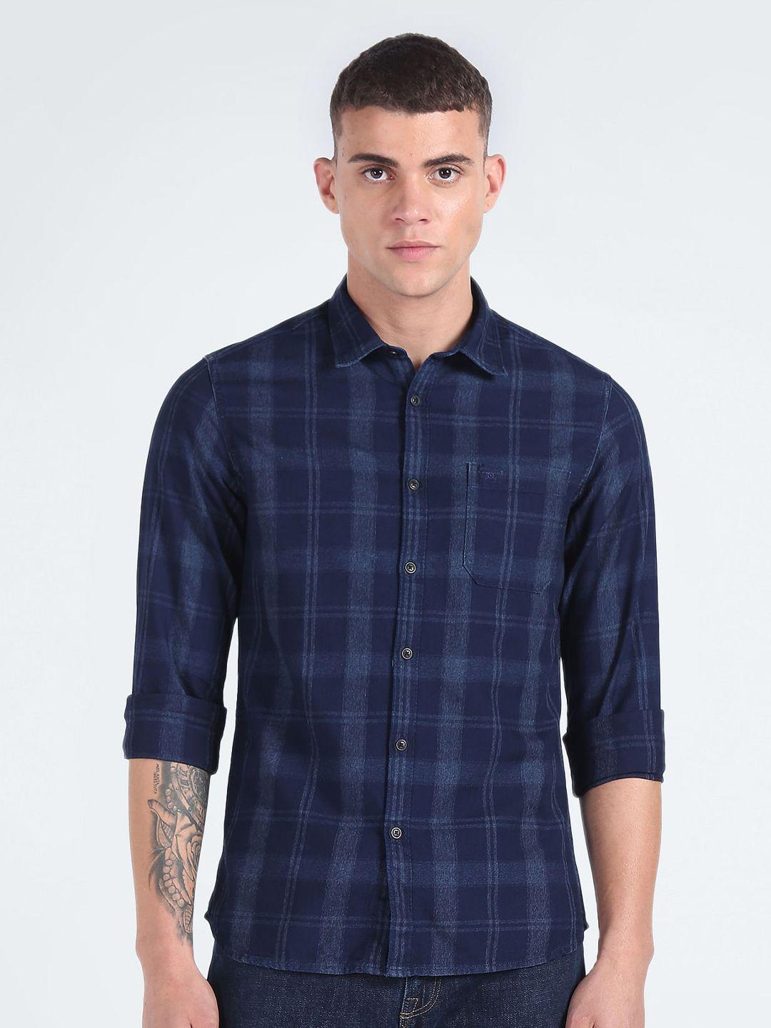 flying machine slim fit tartan checked spread collar pure cotton casual shirt