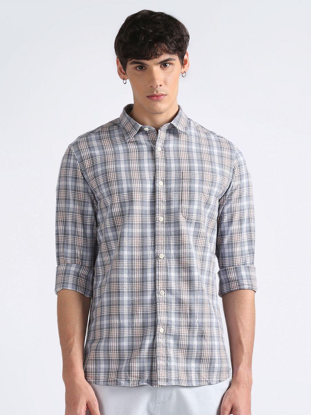 flying machine slim fit tartan checks pure cotton casual shirt