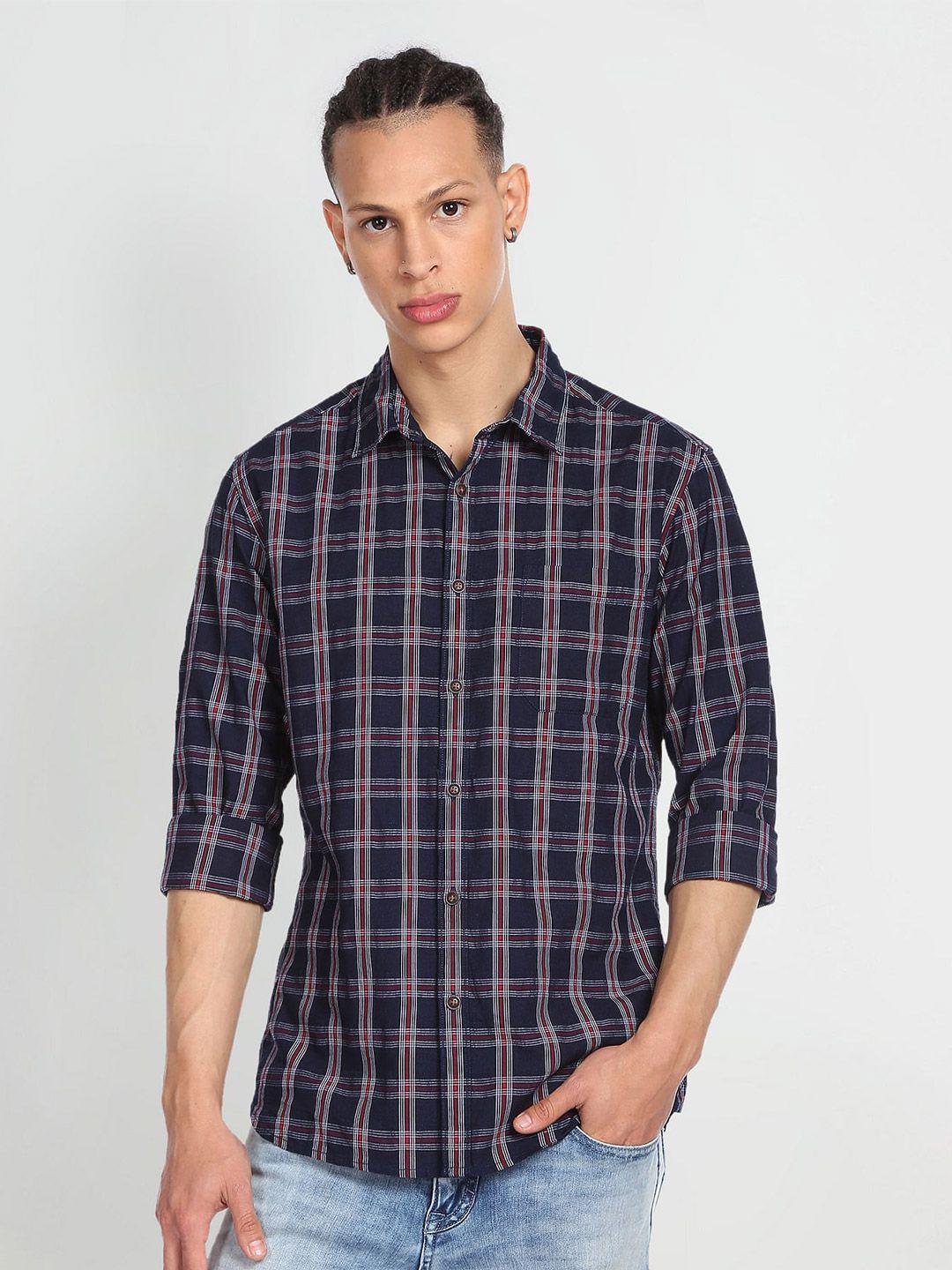 flying machine tartan checked spread collar slim fit pure cotton casual shirt