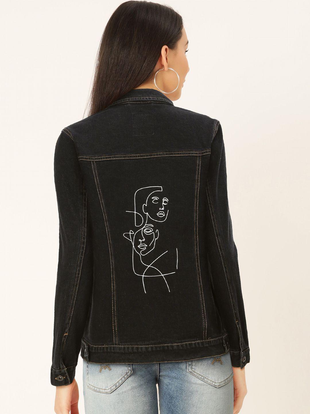 flying machine women black graphic printed denim jacket