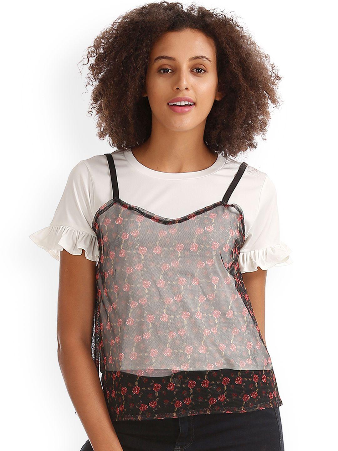 flying machine women black printed sheer a-line top