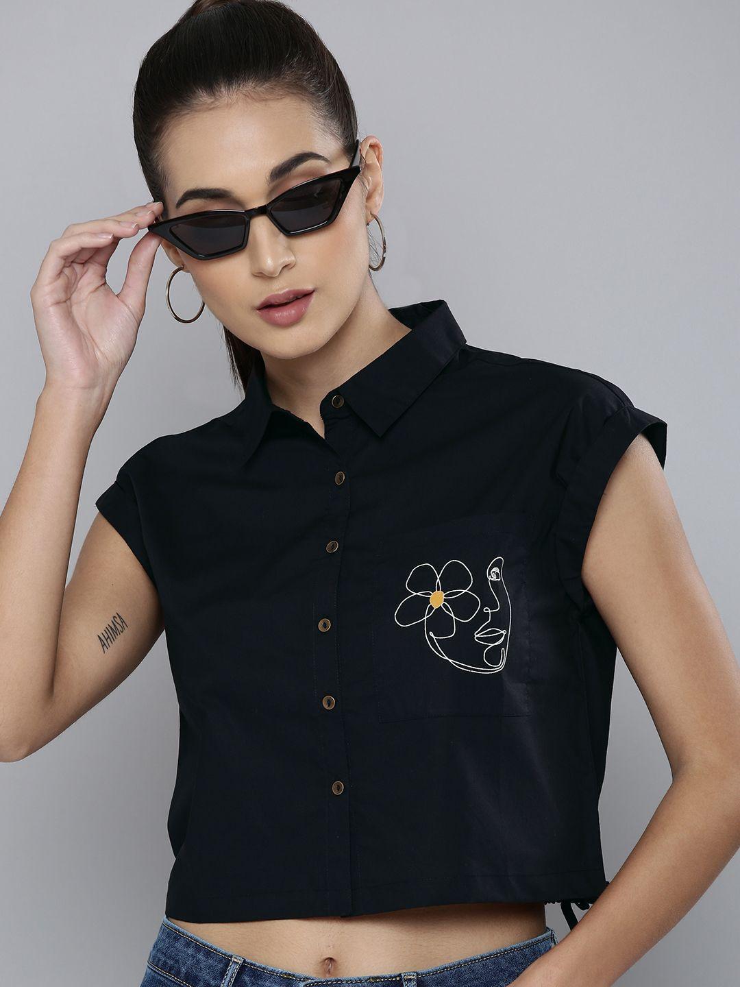 flying machine women black pure cotton cropped casual shirt with print detail