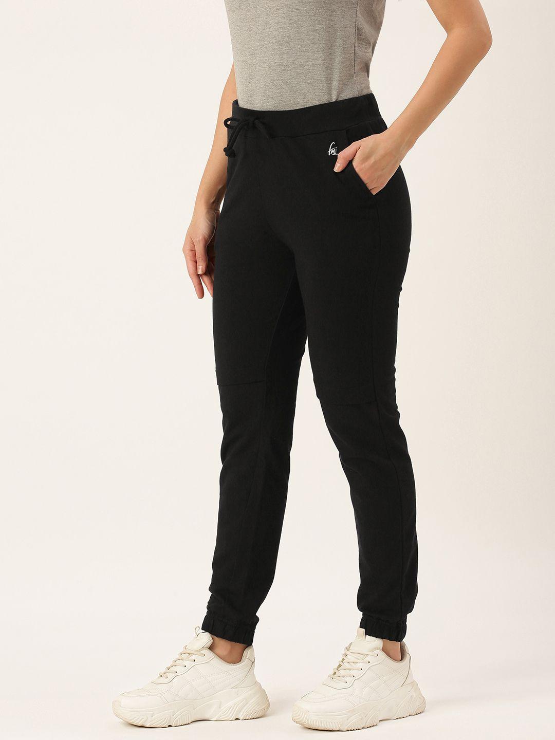 flying machine women black solid pure cotton straight-fit joggers