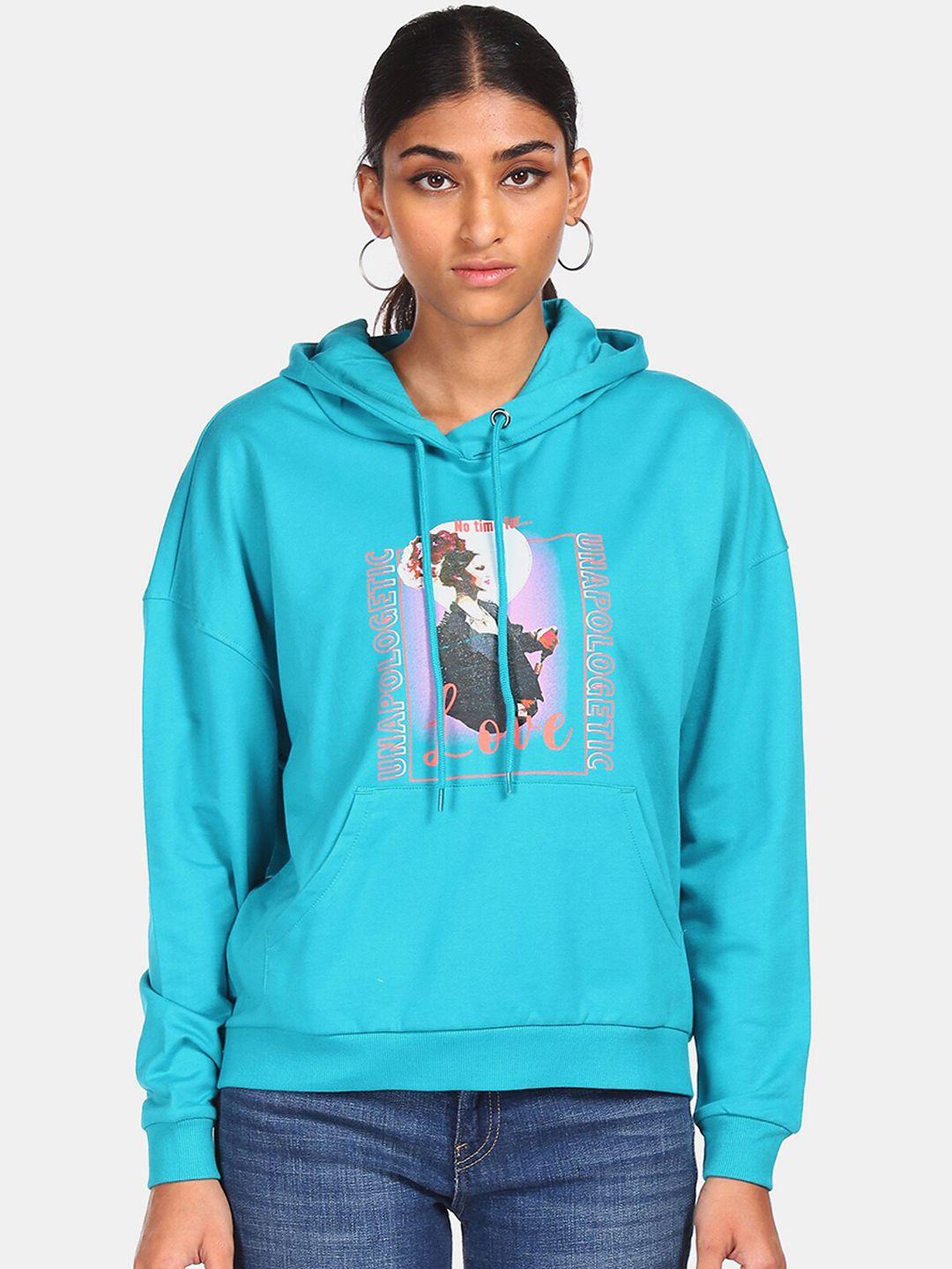 flying machine women blue printed cotton sweatshirt