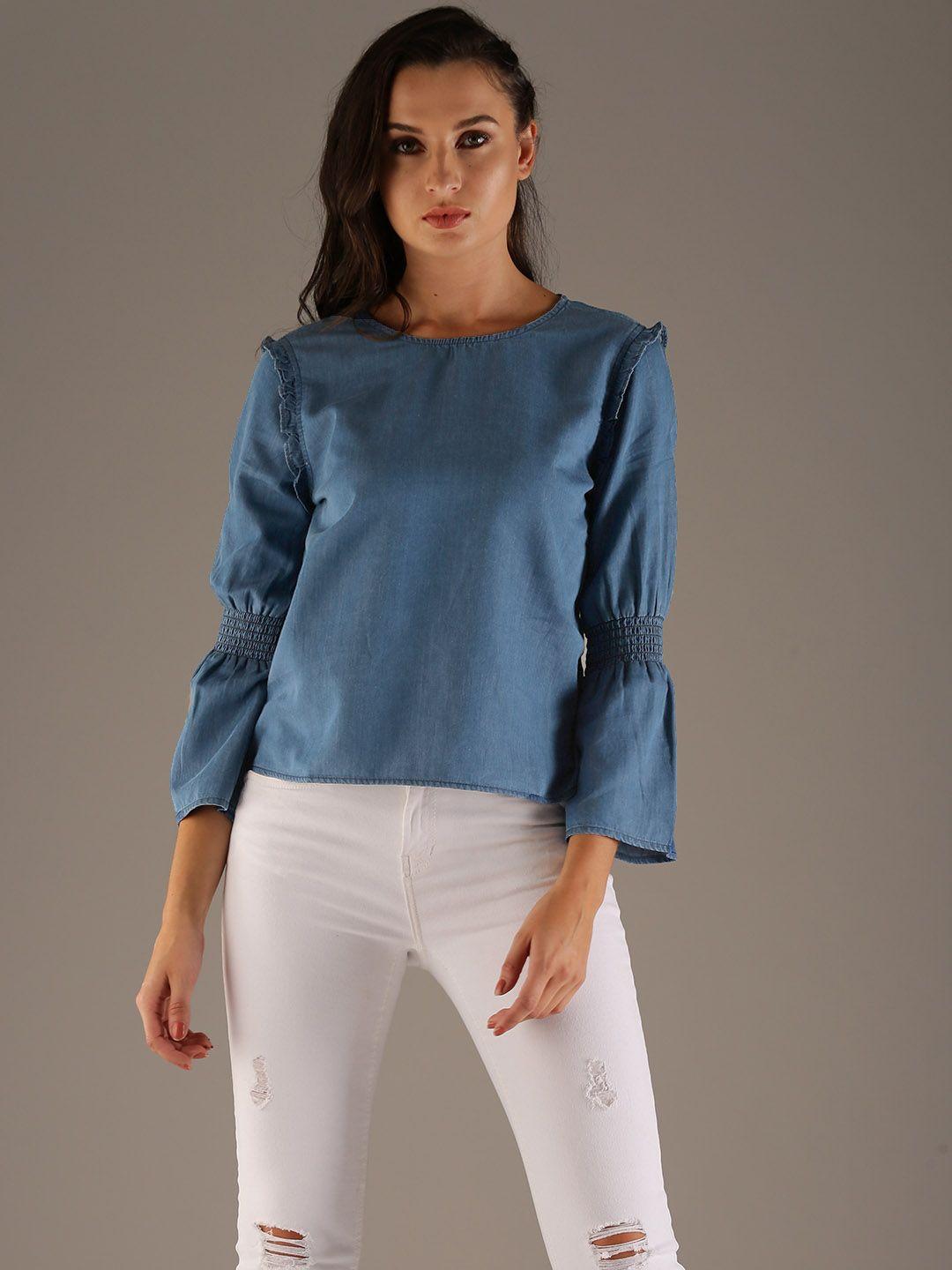 flying machine women blue solid chambray top