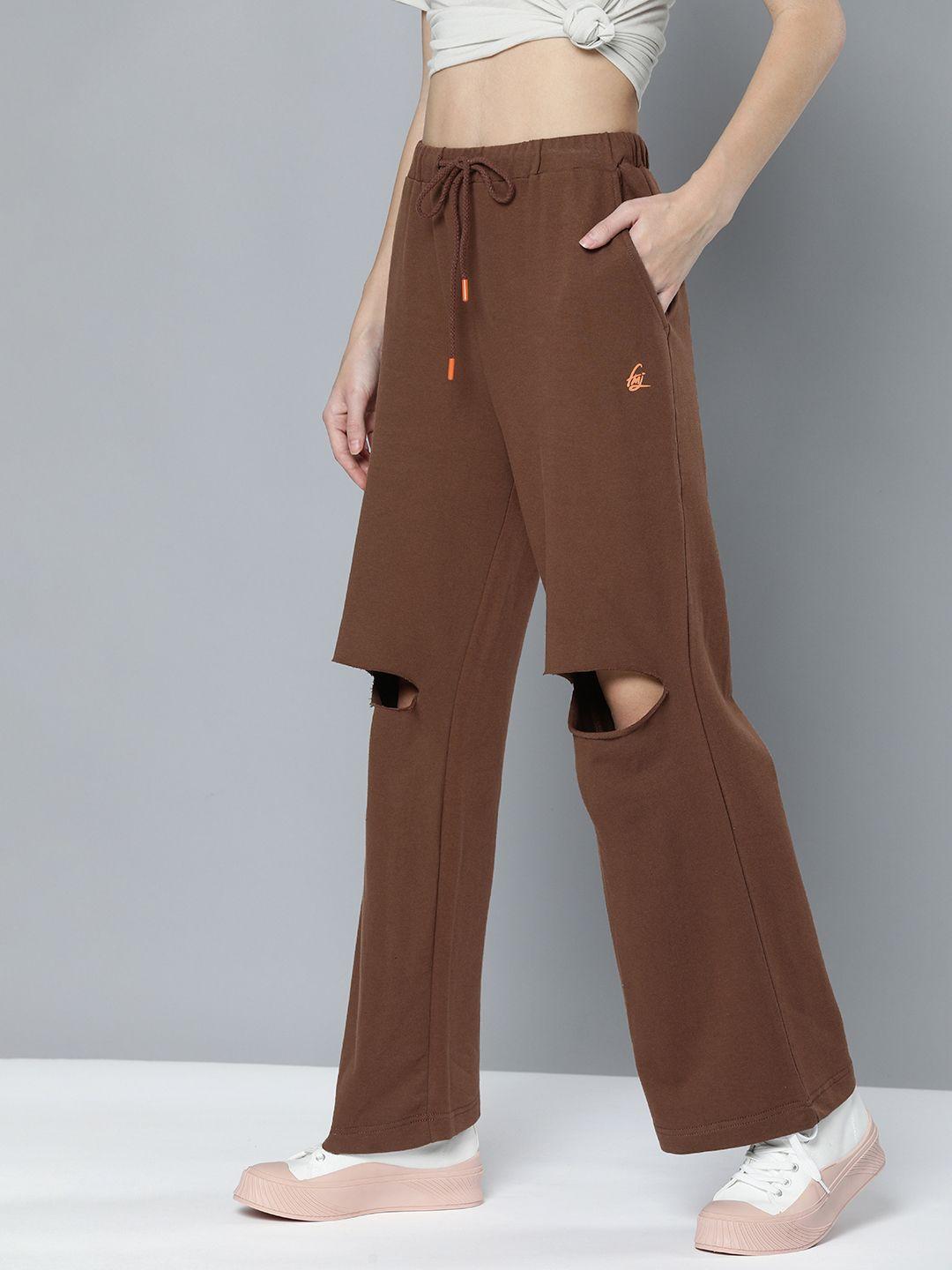 flying machine women brown relaxed fit slash knee pure cotton track pants