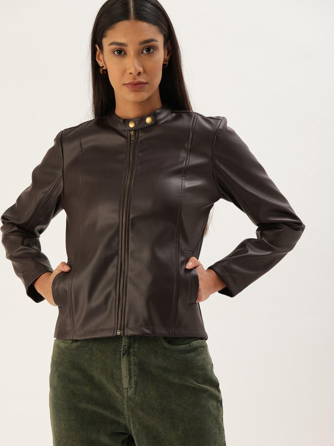 flying machine women brown solid lightweight leather jacket