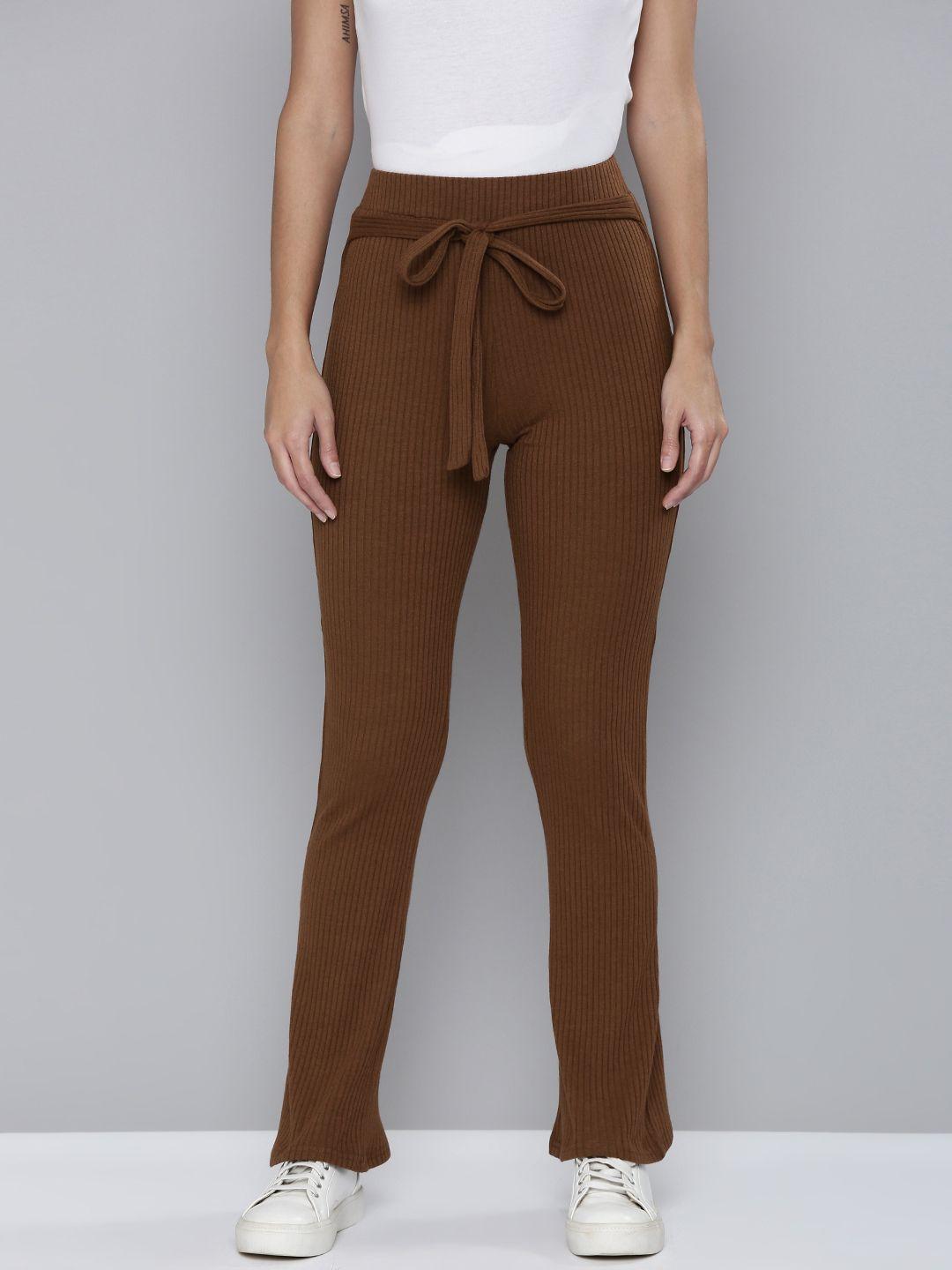 flying machine women brown striped bootcut mid-rise knitted track pants with tie-up belt