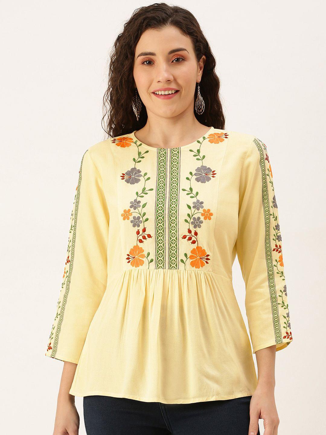 flying machine women cream-coloured floral embroidered peplum top