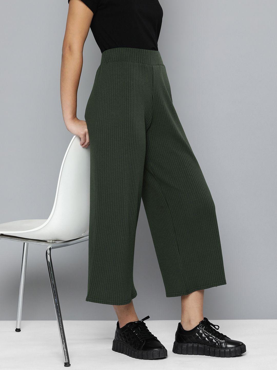 flying machine women dark green solid cropped track pants