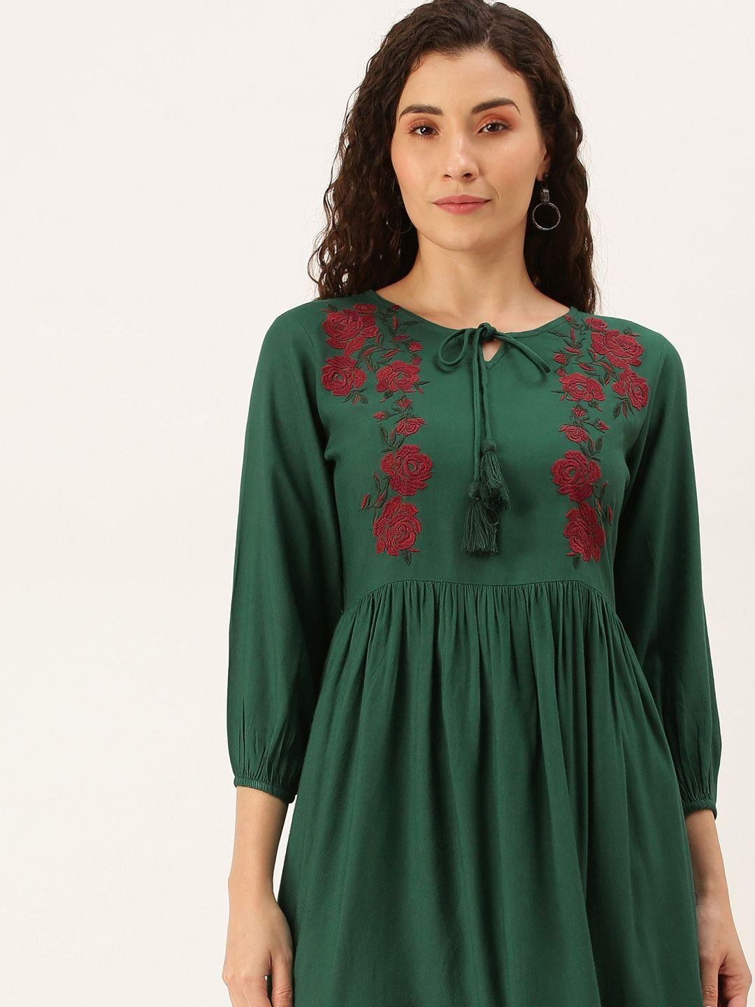 flying machine women green & red embroidered a-line dress