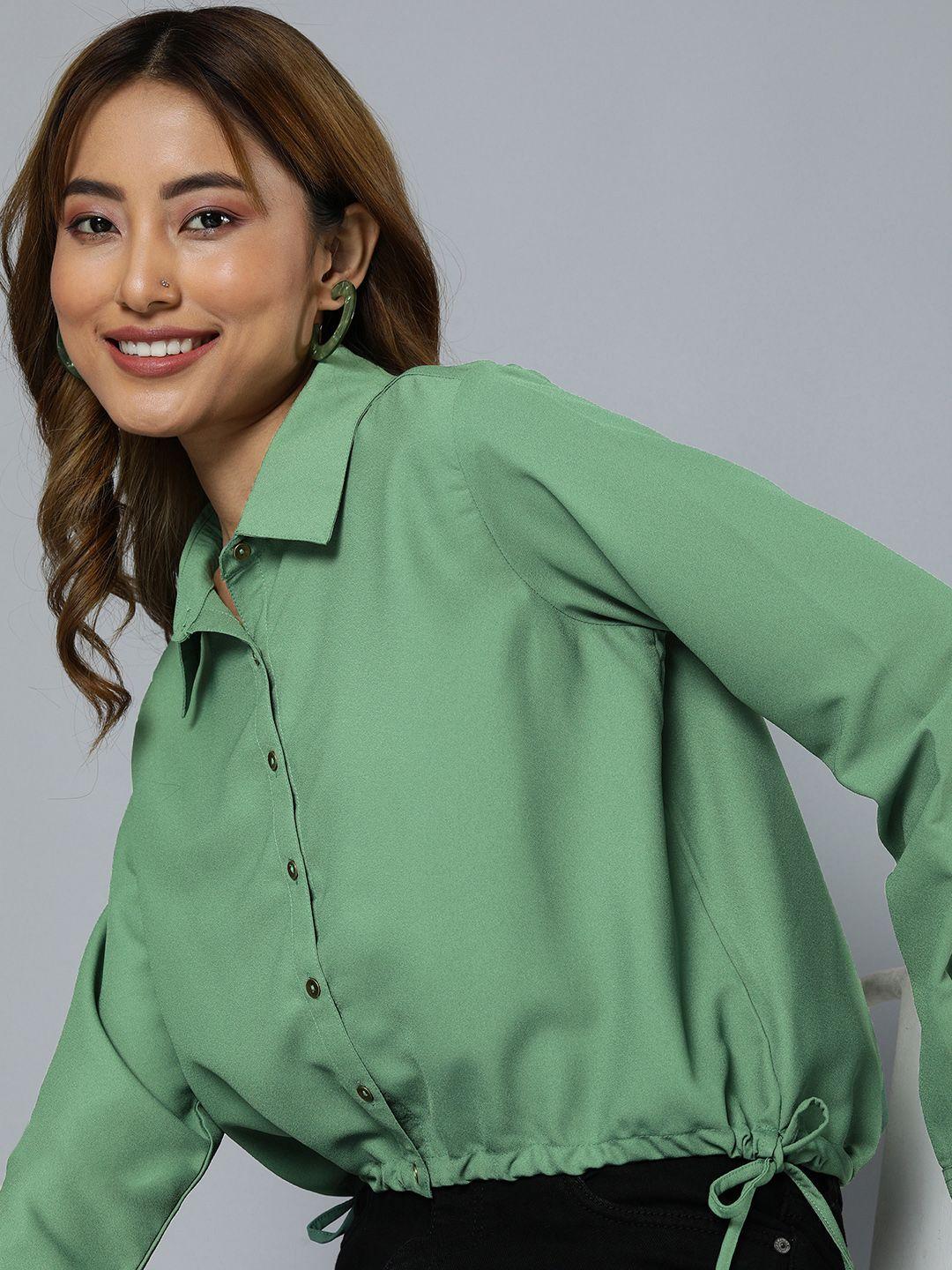 flying machine women green casual solid long sleeved cropped shirt