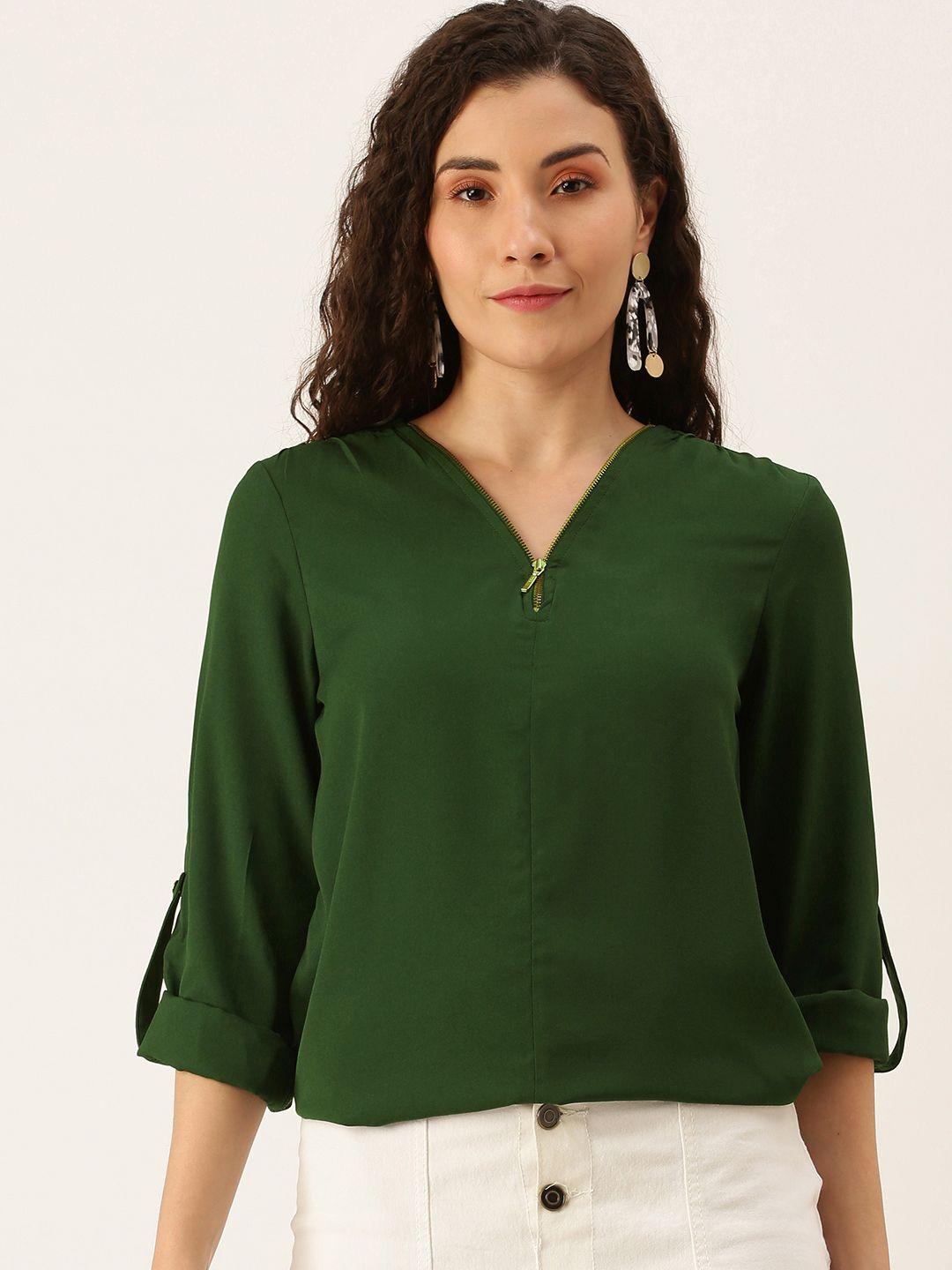 flying machine women green solid roll-up sleeves top