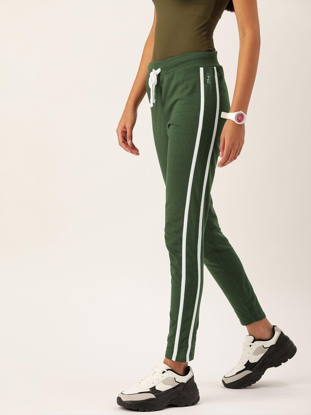 flying machine women green solid track pants with side stripe detail