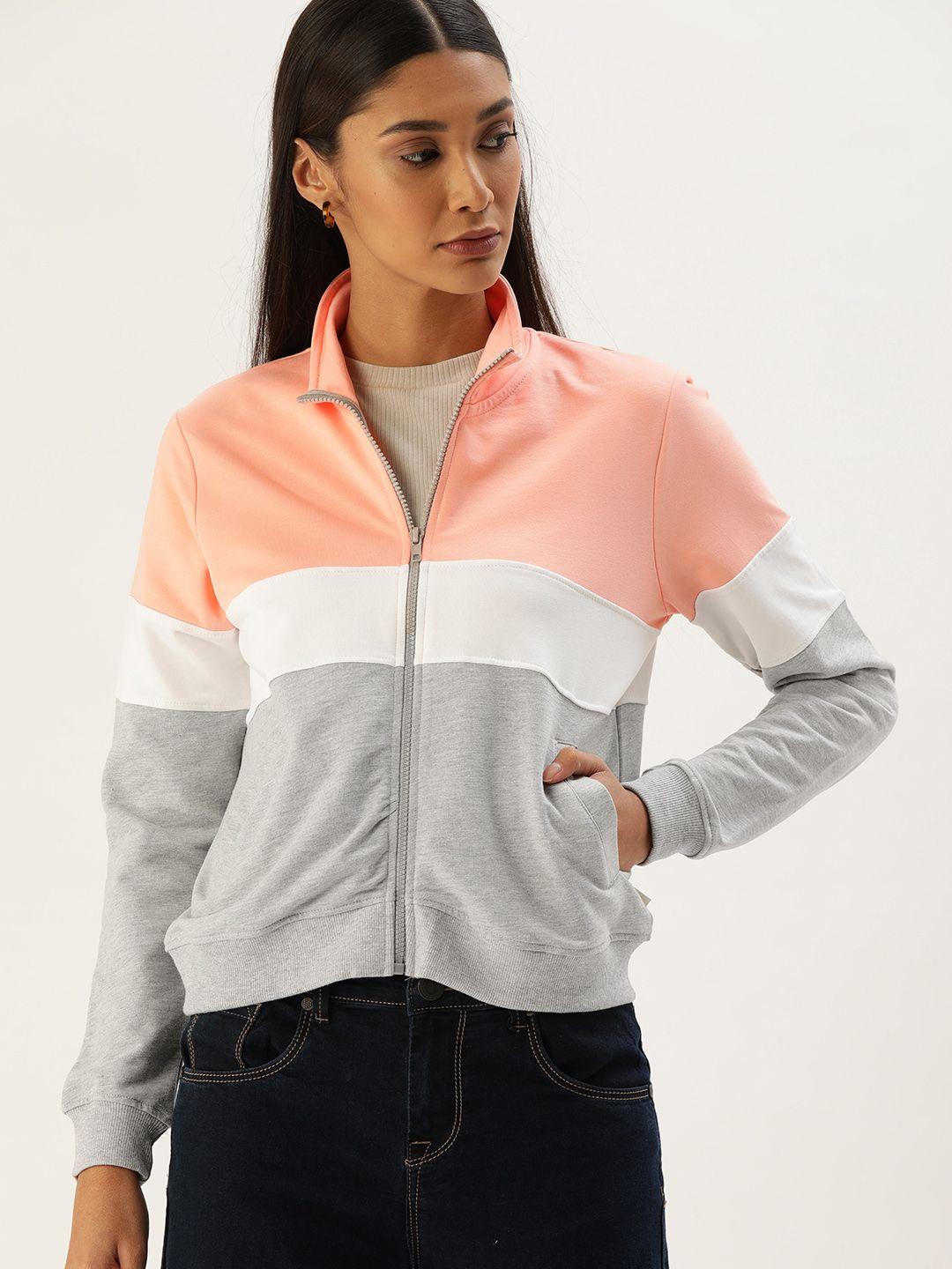 flying machine women grey & peach-coloured colourblocked front-open sweatshirt