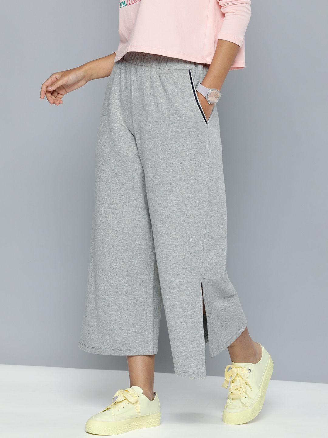 flying machine women grey melange relaxed fit pure cotton cropped track pants