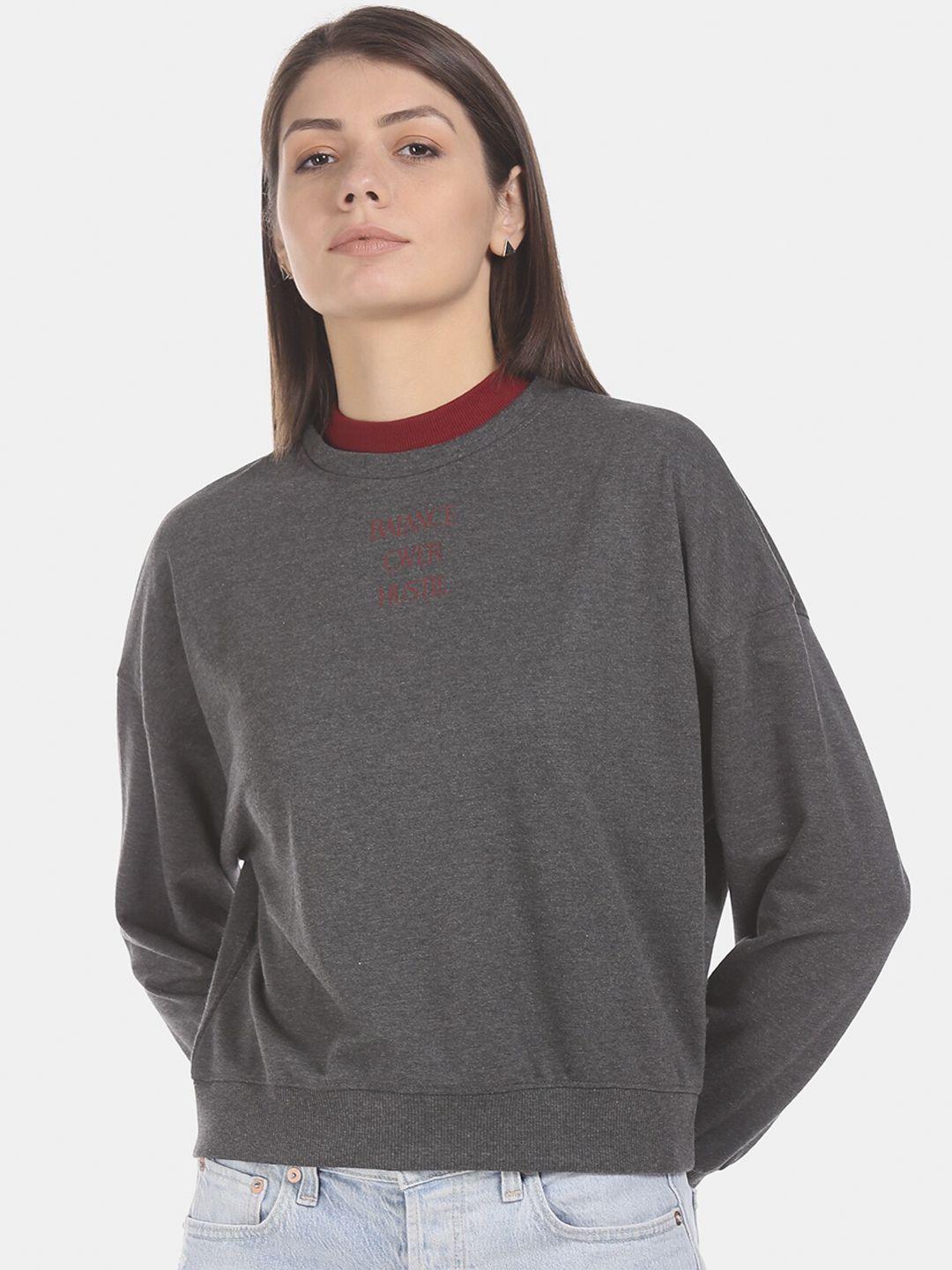 flying machine women grey printed cotton sweatshirt