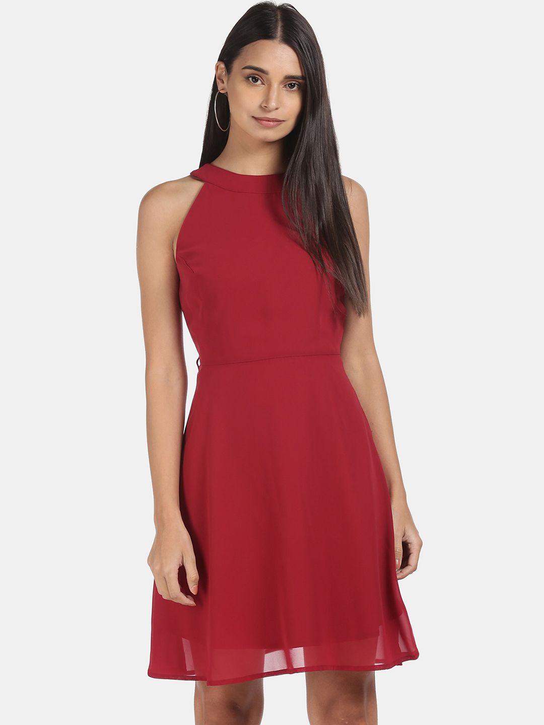 flying machine women maroon solid fit and flare dress