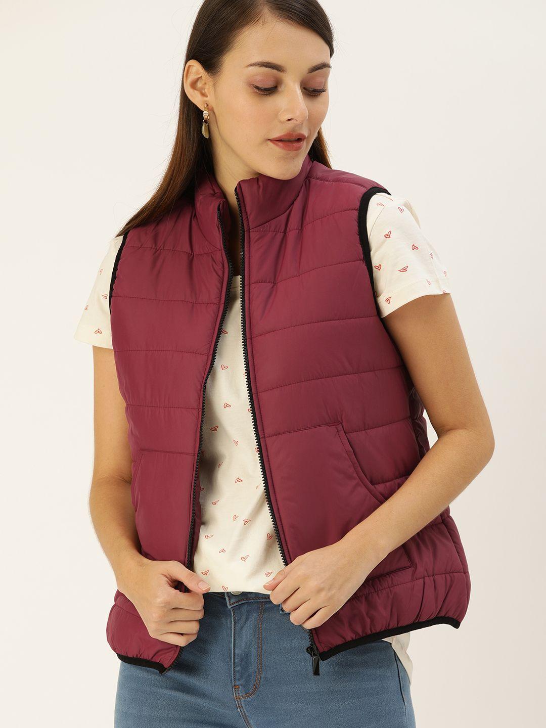 flying machine women maroon solid lightweight puffer jacket